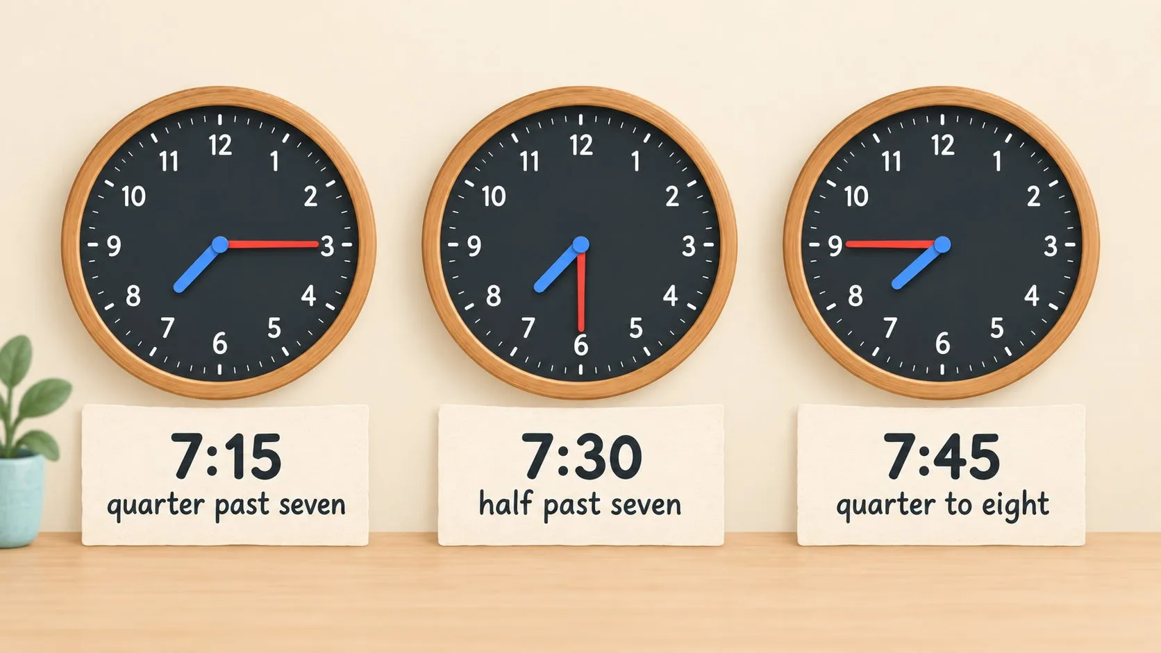 Tre orologi illustrati con schede in inglese per le 7:15, 7:30 e 7:45: quarter past seven, half past seven e quarter to eight.