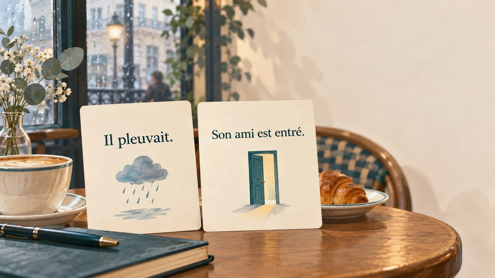 Two illustrative study cards reading ‘Il pleuvait.’ and ‘Son ami est entré.’ in French, against a calm café scene