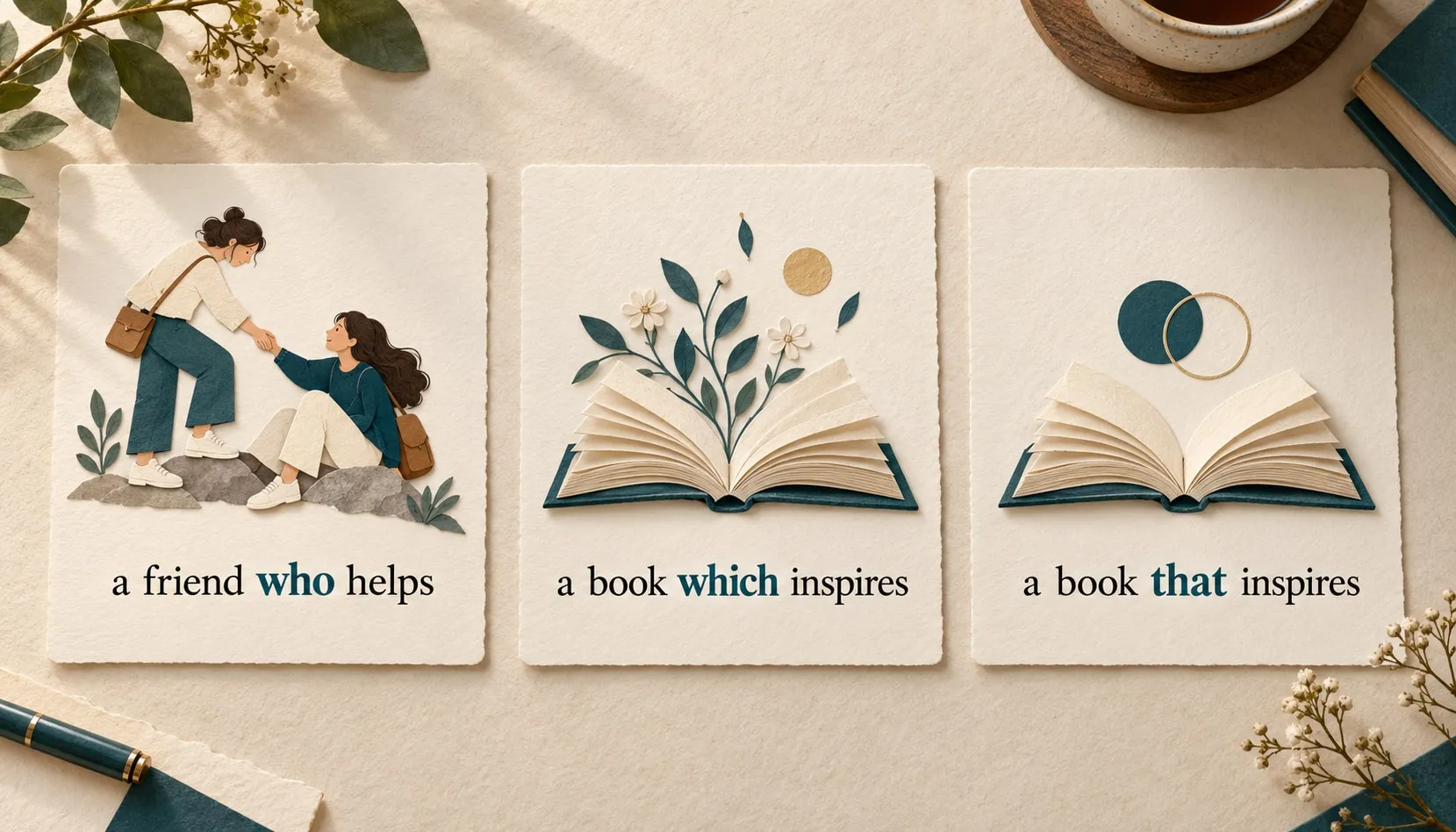 Drei illustrative Papierkarten mit einer helfenden Freundin, zwei Büchern und den englischen Phrasen a friend who helps, a book which inspires und a book that inspires