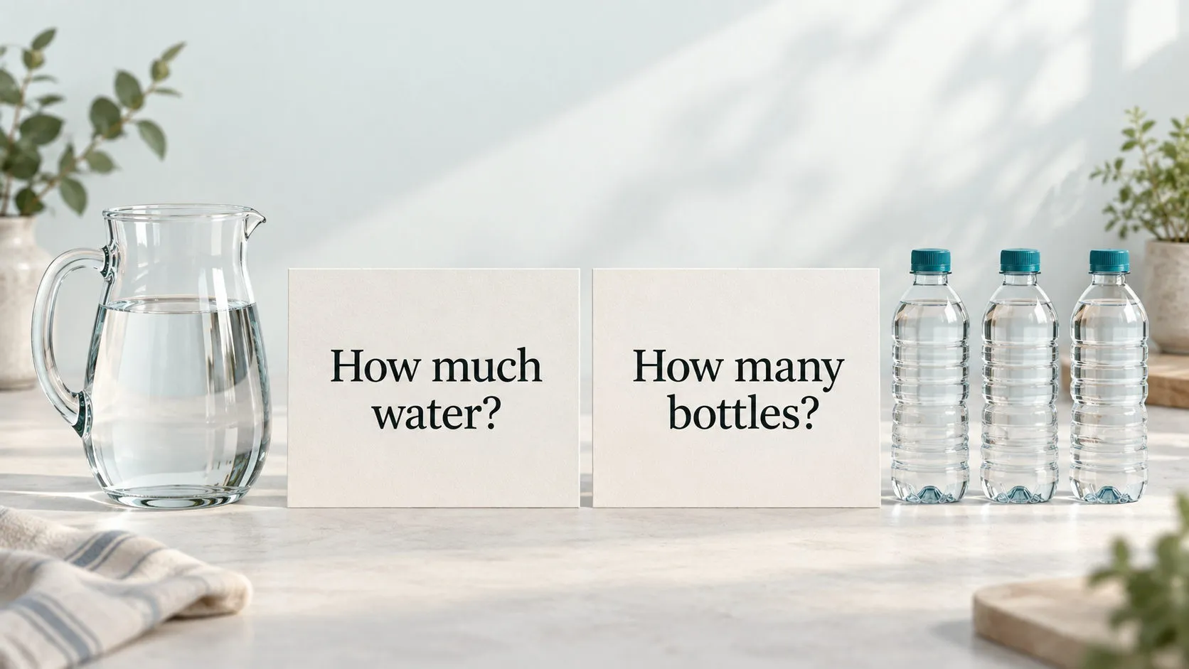 Dois cartões de estudo ilustrativos com as perguntas em inglês “How much water?” e “How many bottles?”, ao lado de uma jarra de água e três garrafas de água.