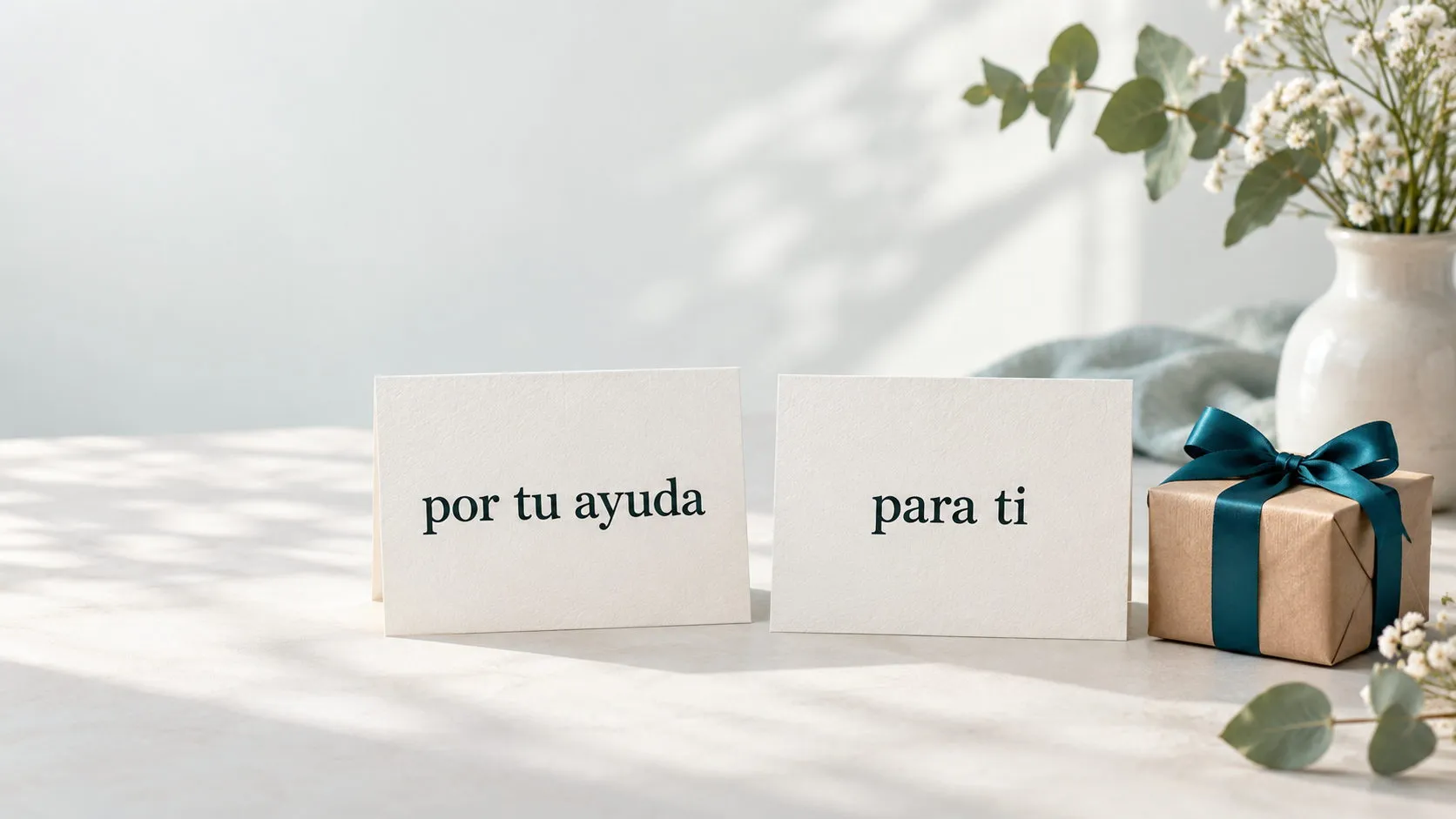Dos tarjetas de estudio ilustrativas con las frases en español «por tu ayuda» y «para ti» junto a un pequeño regalo