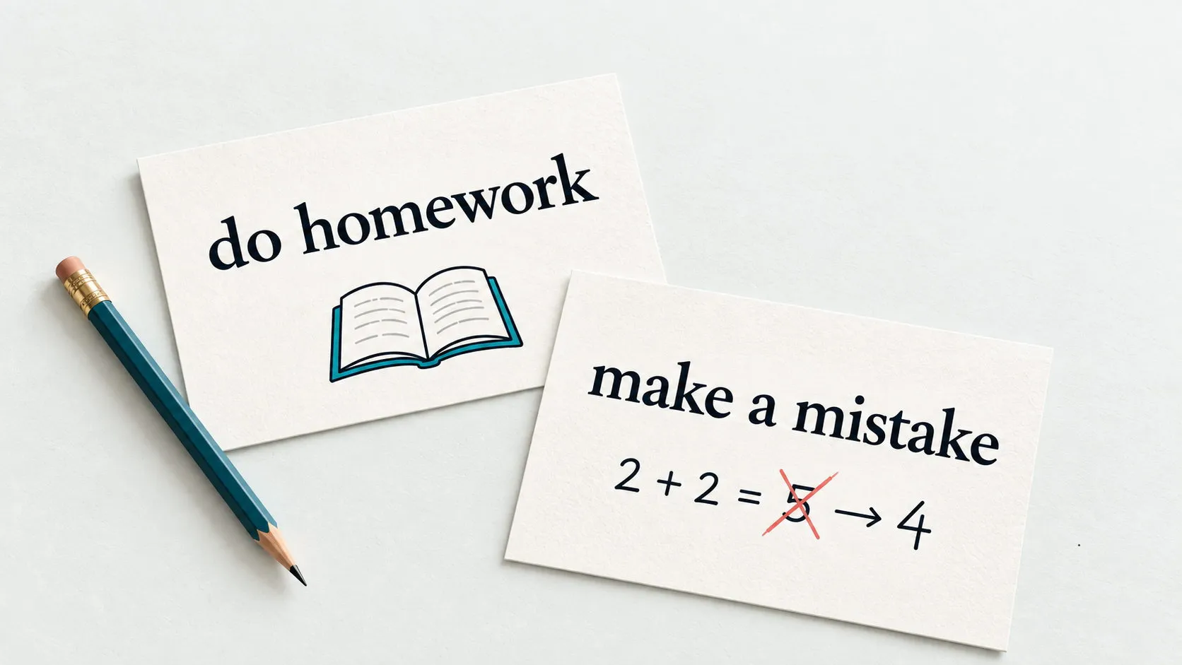 Zwei illustrative Lernkarten mit den englischen Wendungen „do homework“ und „make a mistake“ neben einem Bleistift.