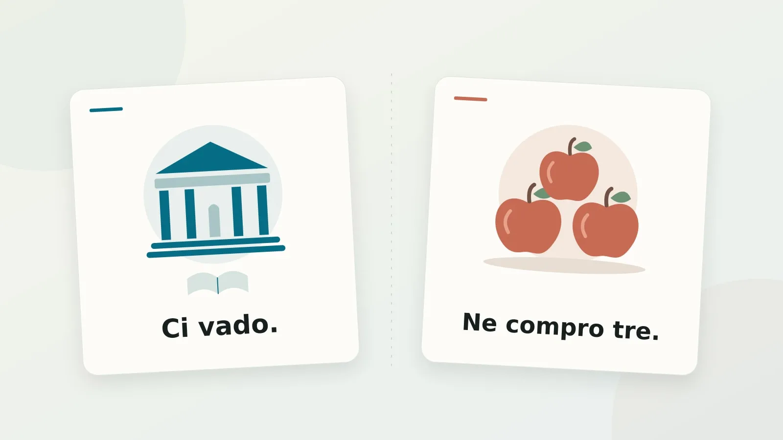 Ilustração editorial: cartão “Ci vado.” ao lado de uma biblioteca e “Ne compro tre.” ao lado de três maçãs.