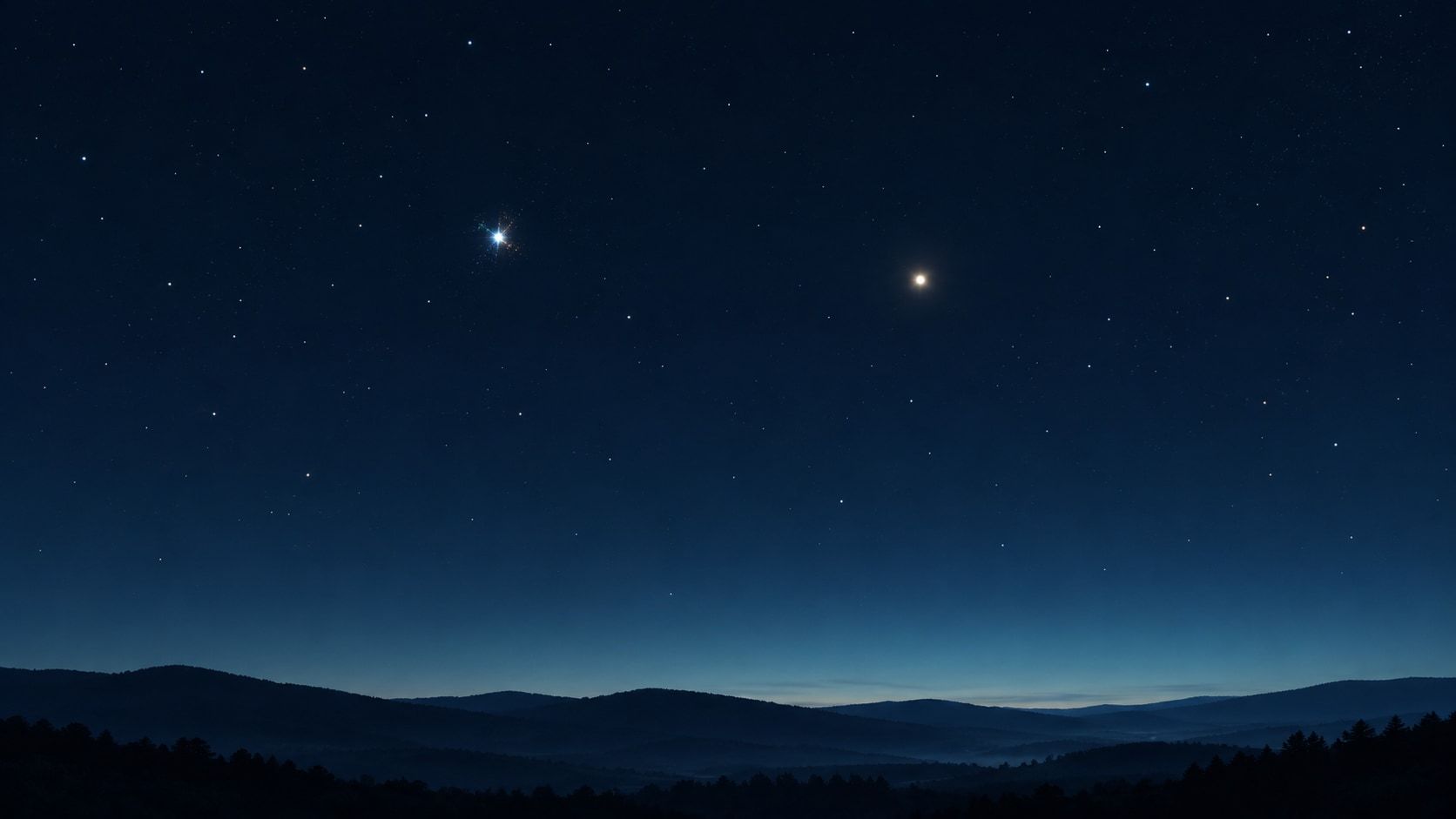 Paysage nocturne illustré avec une étoile scintillante à gauche et un point à l'éclat plus stable à droite au-dessus de collines sombres