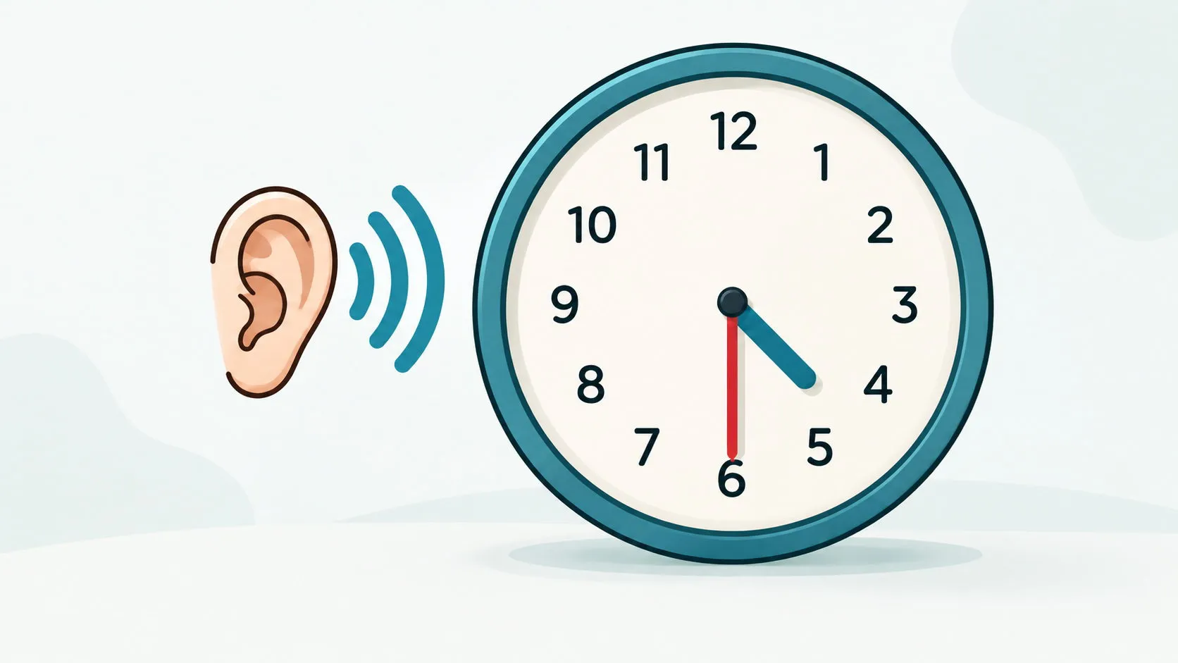 Illustrated teaching clock at 4:30 with a long red hand on 6 and a short blue hand halfway between 4 and 5, beside an ear and three sound arcs