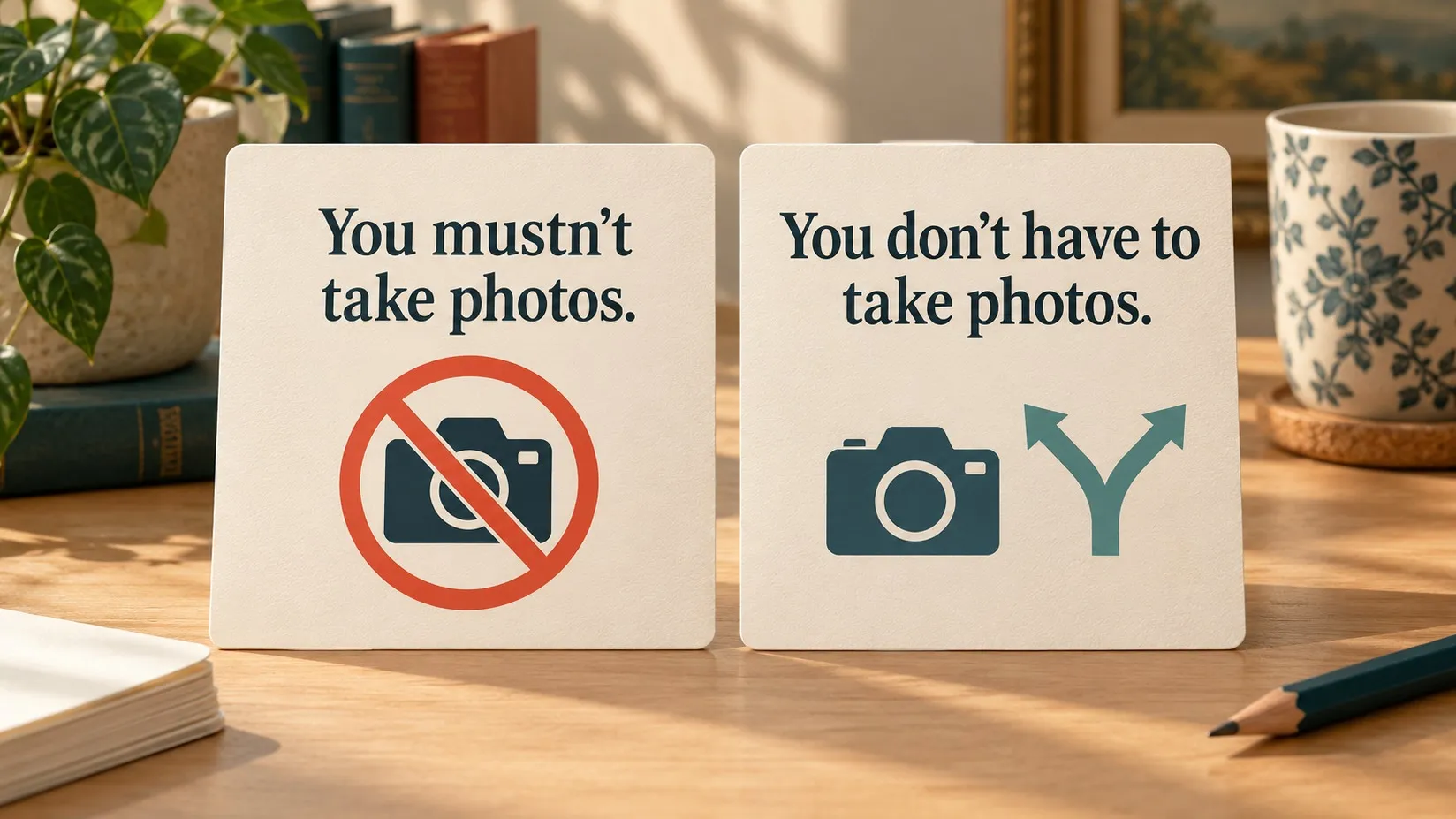 Dos tarjetas ilustrativas con las frases en inglés «You mustn't take photos.» y «You don't have to take photos.», un símbolo de prohibición de fotos y otro de elección.
