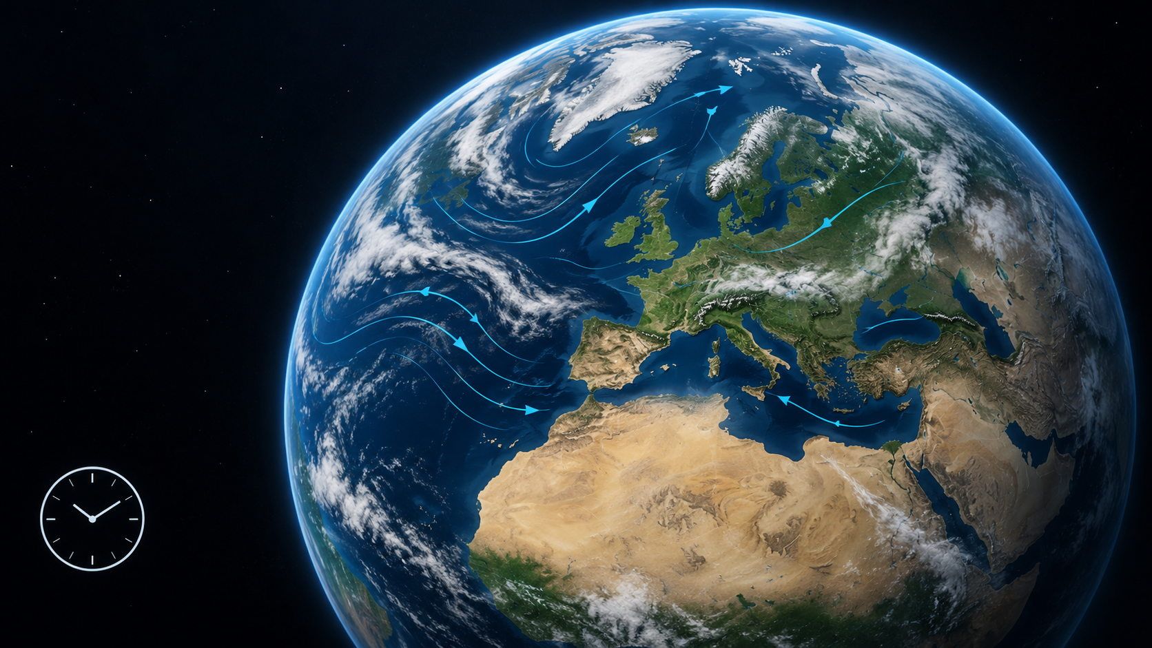 Illustration of Earth showing Europe and the North Atlantic, white clouds, cyan wind lines, and a separate clock symbol
