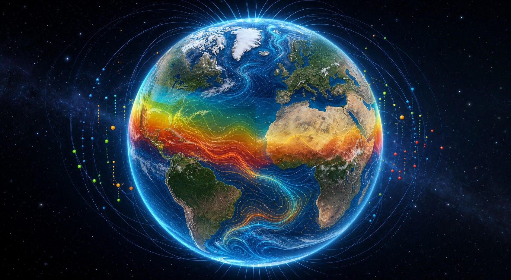 Un globo 3D luminoso con mappa termica climatica, correnti oceaniche e linee del campo magnetico nello spazio