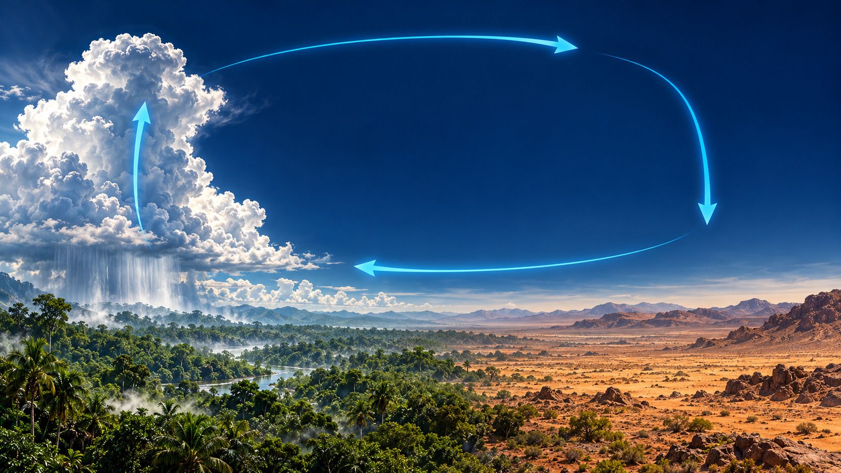 Ilustración editorial de nubes de lluvia tropicales, aire ascendente y aire descendente sobre un paisaje desértico subtropical