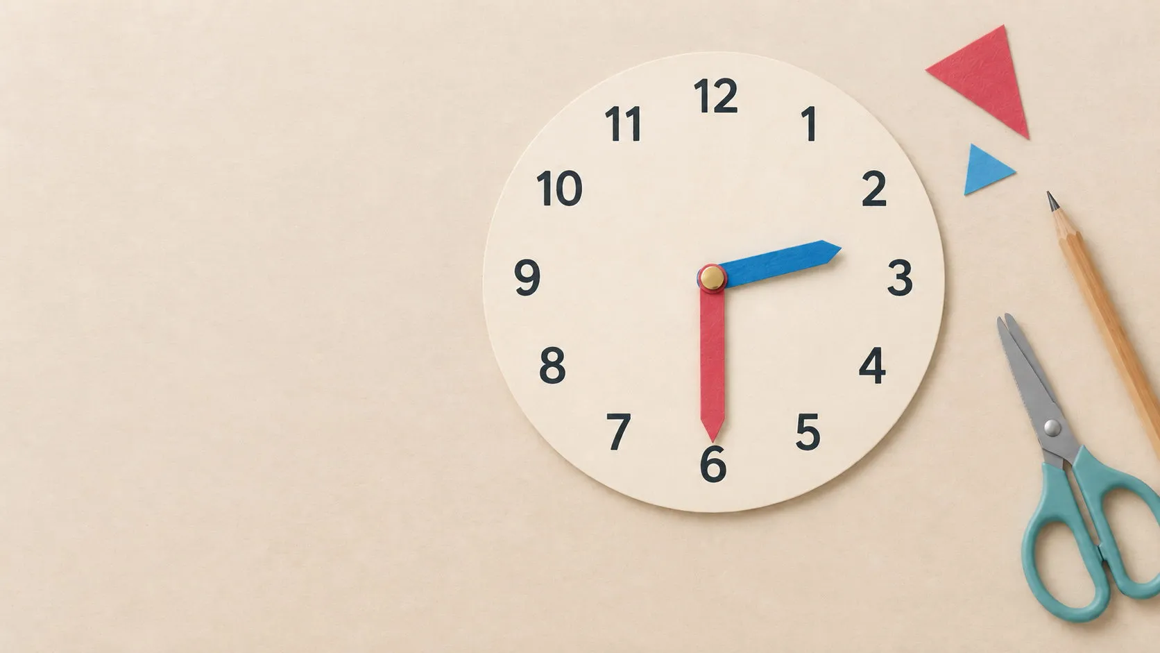 Illustrated paper clock with a central split pin at 2:30: long red hand on 6 and short blue hand halfway between 2 and 3, with craft materials beside it