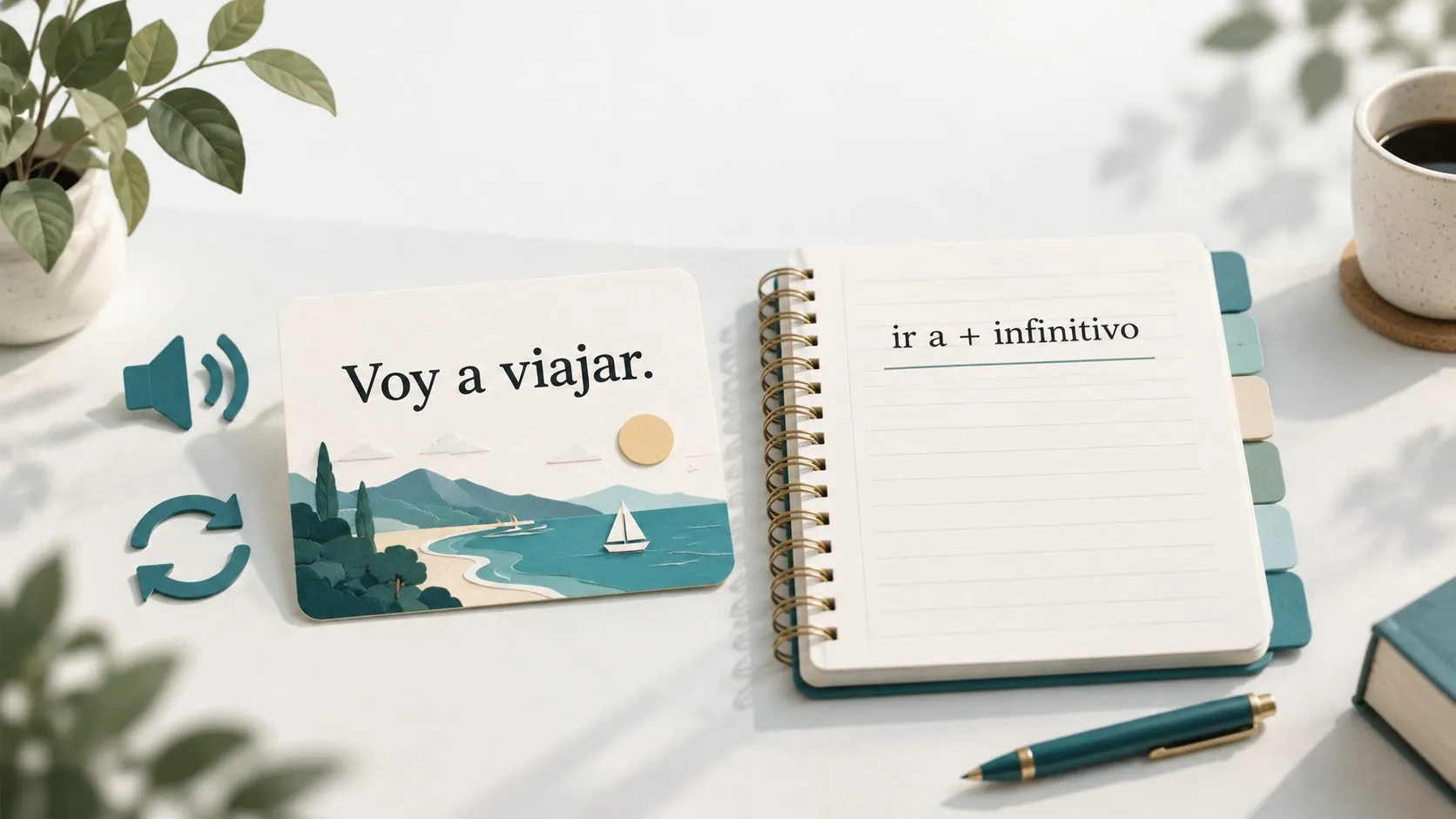 Carte illustrative portant l'expression espagnole Voy a viajar. près d'un carnet à onglets intitulé ir a + infinitivo et de symboles audio et de révision