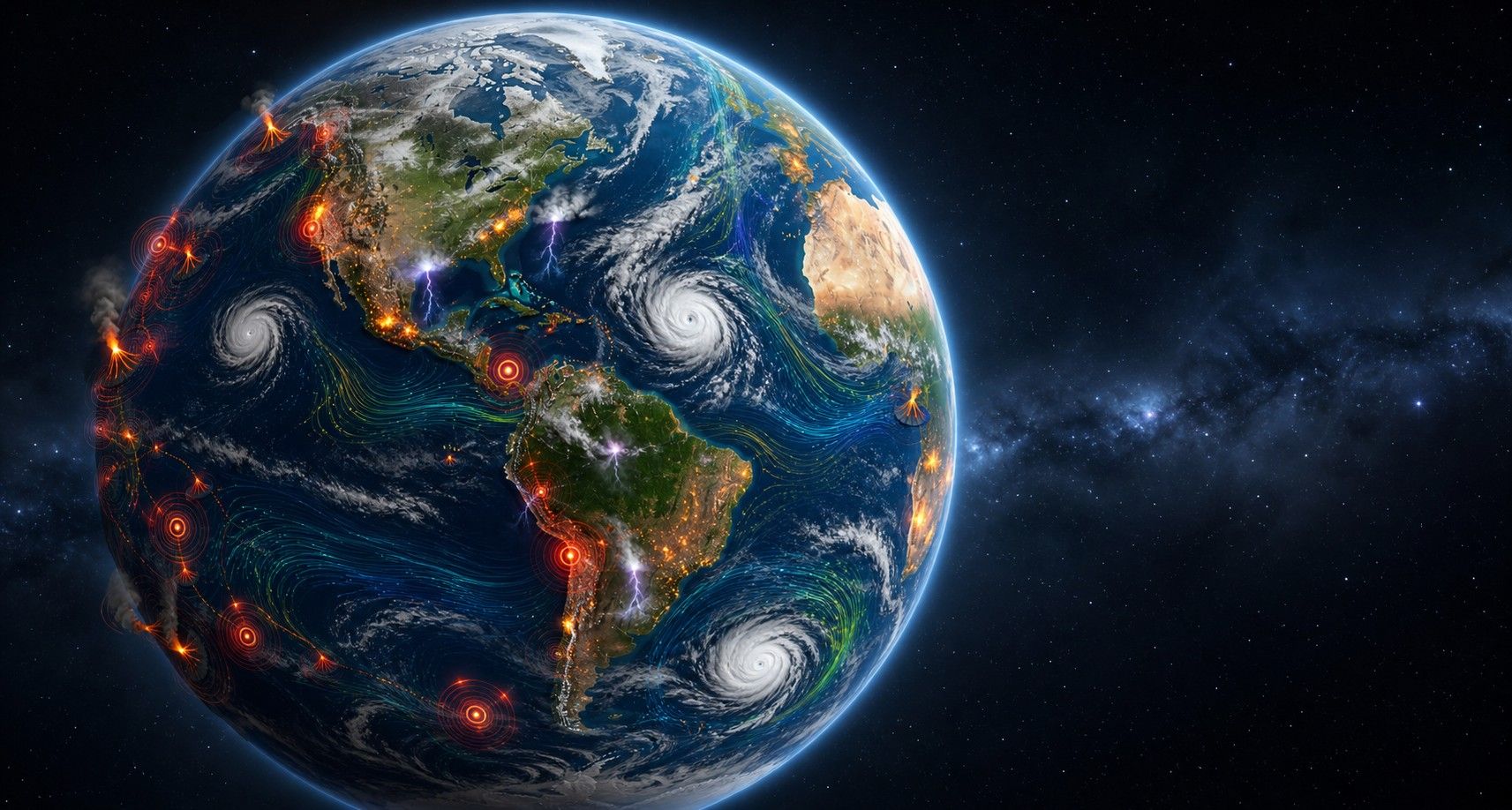 Um globo 3D dramatico com marcadores de terremotos, vulcoes, tempestades, incendios, nuvens e vento