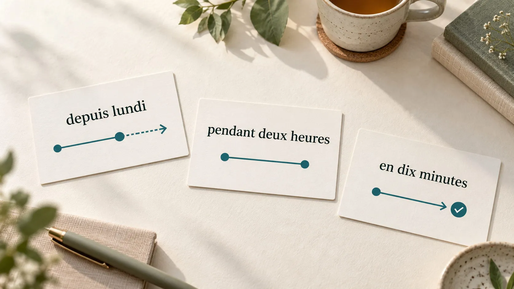 Three illustrated study cards show the French expressions “depuis lundi”, “pendant deux heures” and “en dix minutes”, with different timelines.