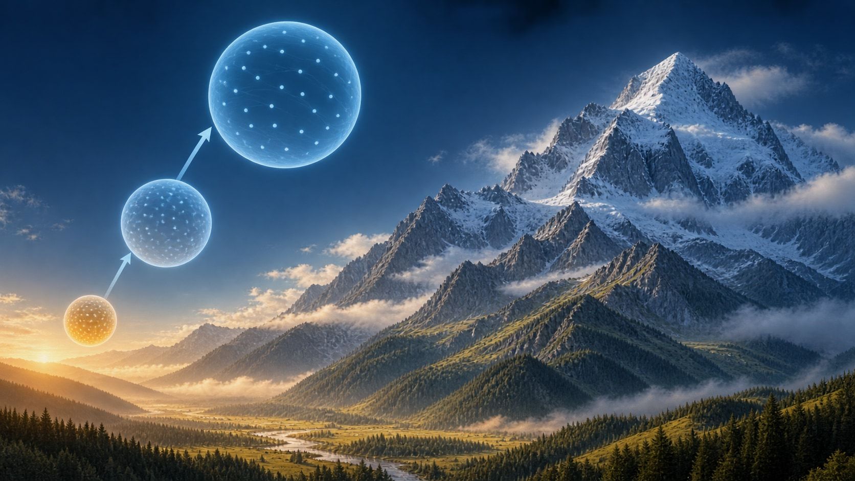 Illustrazione di montagna con tre simboli di particelle d'aria sempre più grandi verso l'alto, dall'arancione caldo al blu freddo lungo frecce ascendenti