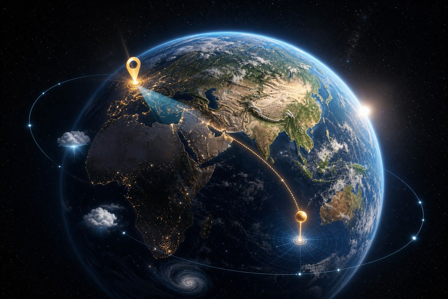 Un globo 3D luminoso con marcatori di ricerca, punti di coordinate e linee dati per scoprire luoghi nel mondo