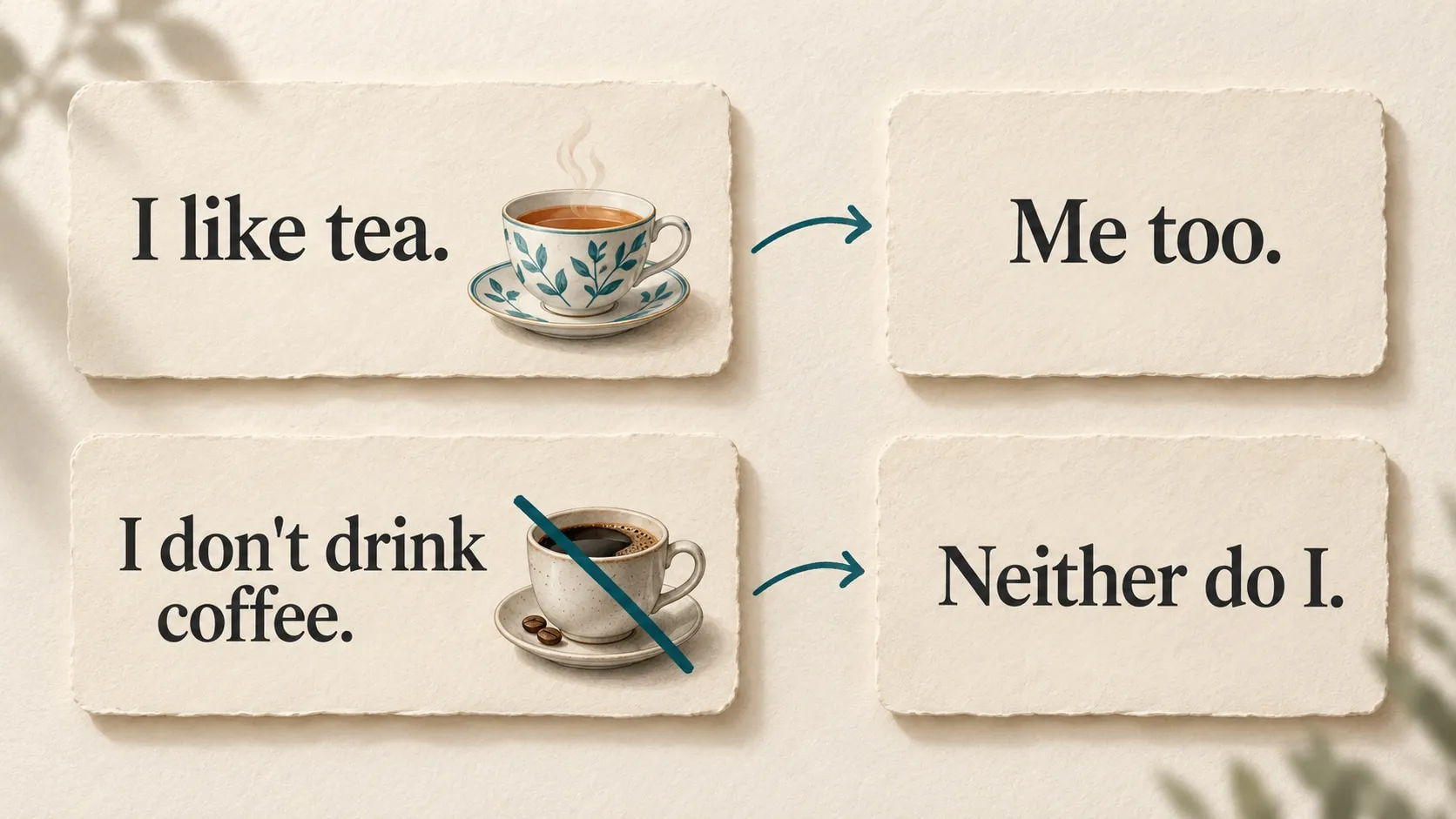 Quatre cartes de dialogue illustrées avec I like tea, Me too, I don't drink coffee et Neither do I, une tasse de thé et un café barré