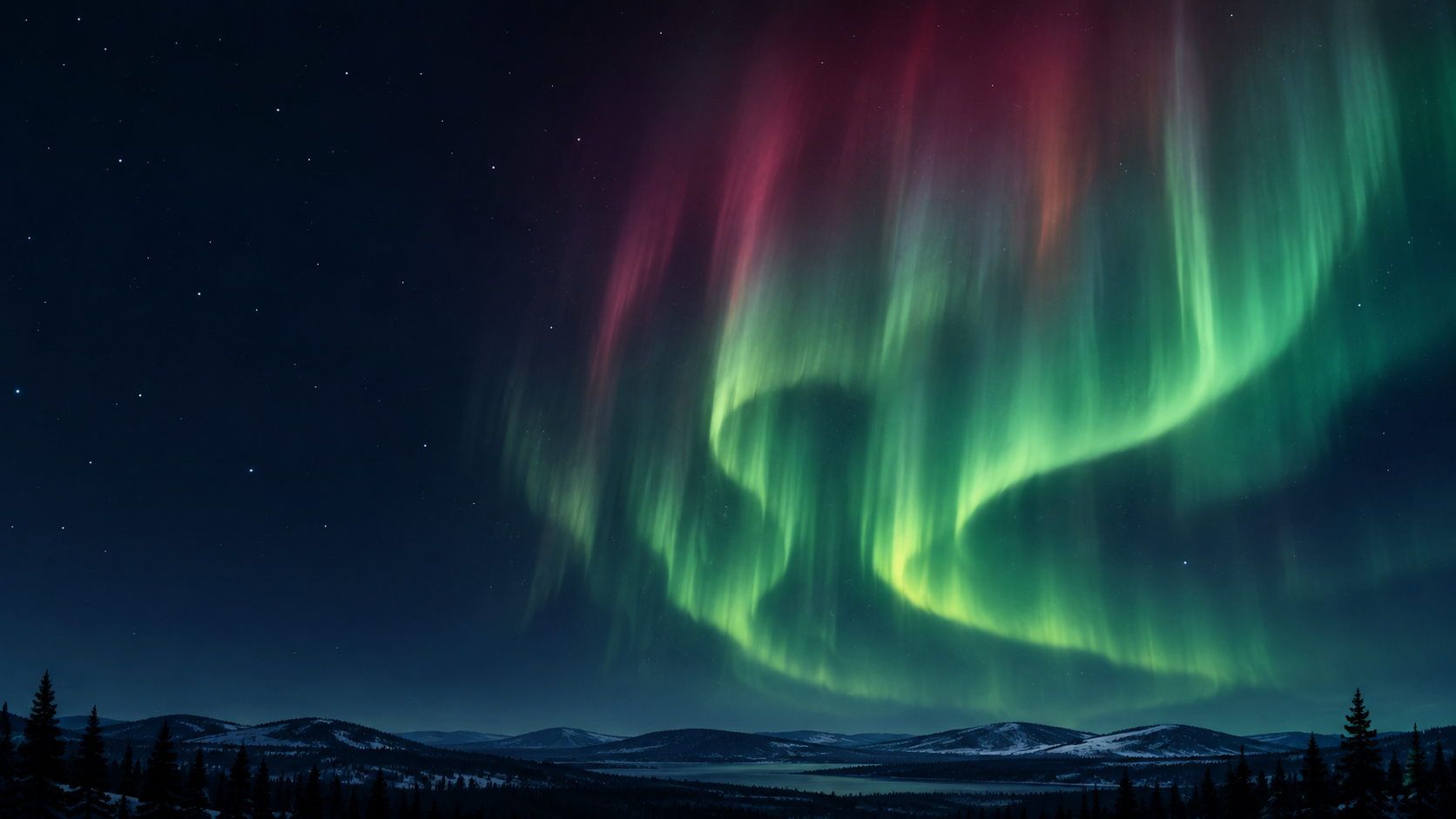 Illustrazione di una cortina aurorale verde con un bagliore rosso diffuso più in alto sopra un paesaggio nordico scuro