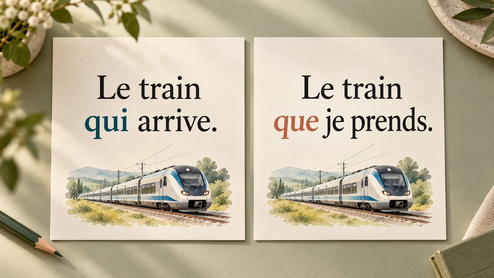 Dois cartões ilustrados com “Le train qui arrive.” e “Le train que je prends.”, acompanhados de desenhos de trens sobre uma superfície clara