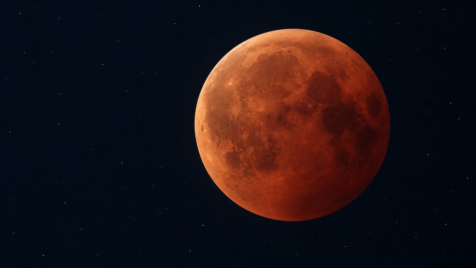 Illustration éditoriale d'une Lune rouge cuivré aux reliefs sombres sur un fond très foncé