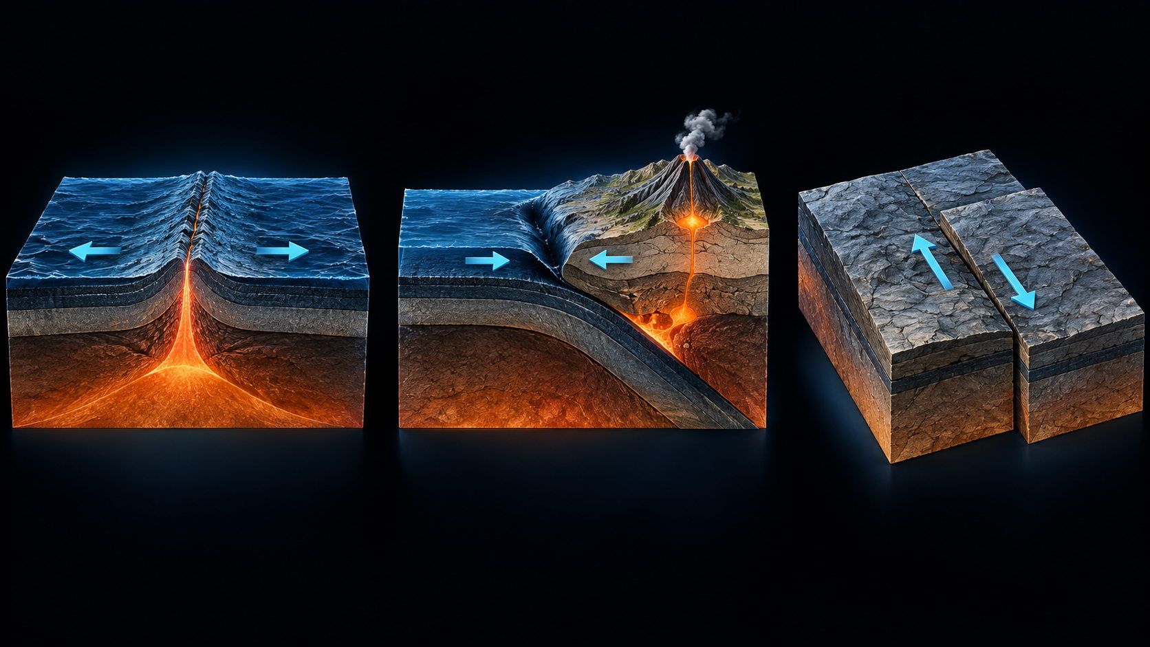 Três modelos geológicos mostram placas que se afastam, uma placa oceânica que mergulha sob outra e placas que deslizam lateralmente.