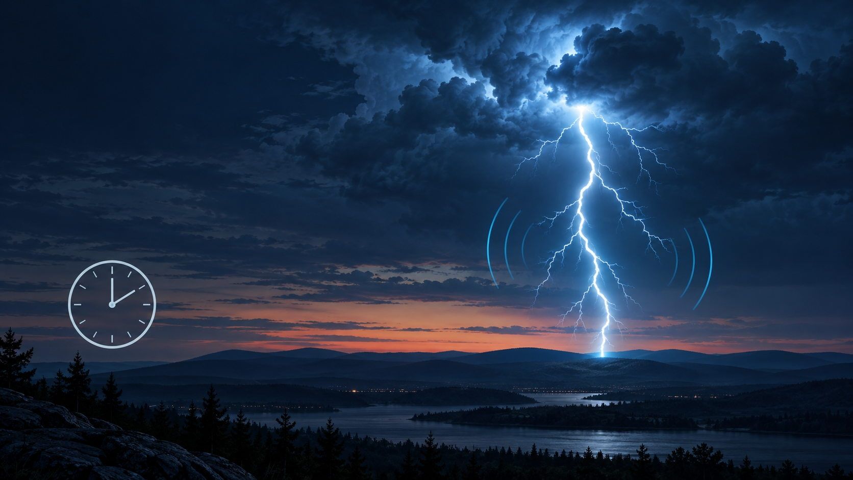 Illustration of branching lightning above hills with cyan sound-wave arcs and a small clock symbol