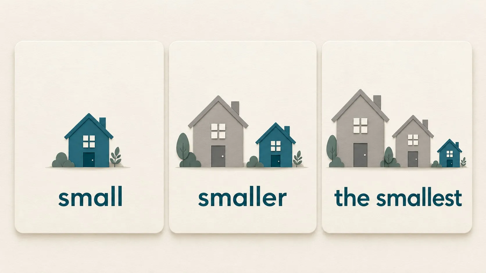Três cartões ilustrativos com casas e as formas em inglês small, smaller e the smallest; o azul-petróleo destaca a casa correspondente