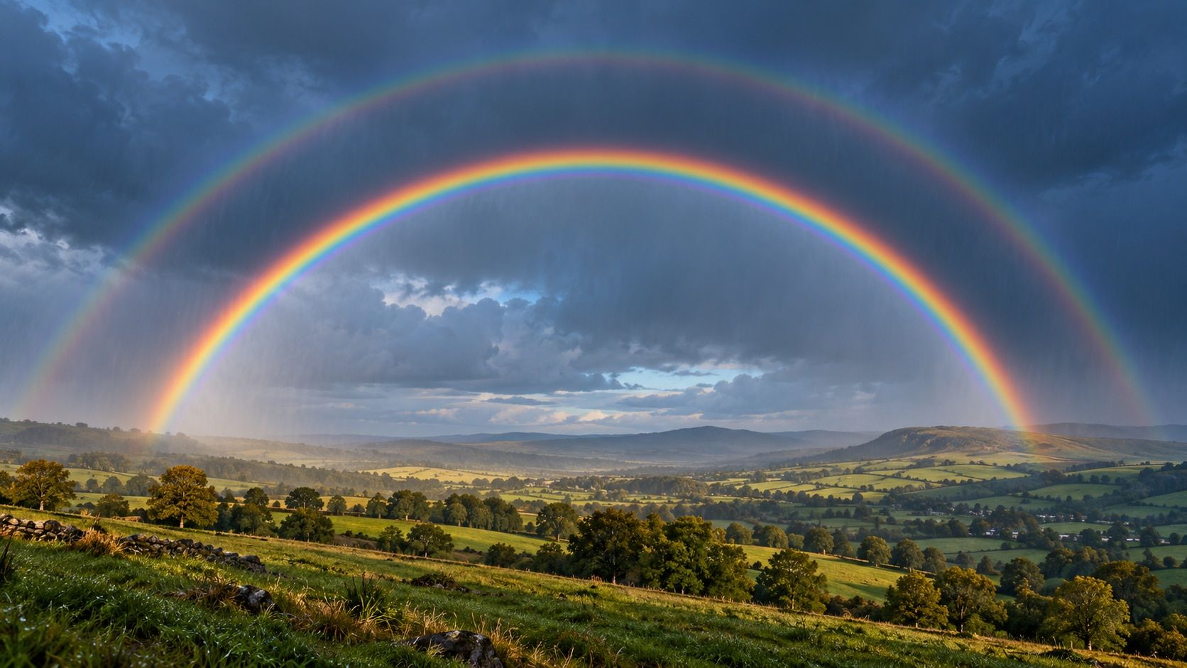 Illustrazione editoriale di un arcobaleno primario luminoso e di un arco secondario esterno più debole con colori invertiti sopra colline bagnate dalla pioggia