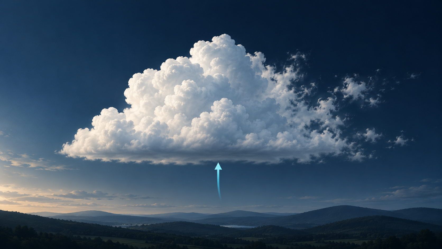 Ilustração de um cúmulo branco com base plana e uma margem que se torna mais ténue sobre uma paisagem, com uma seta ciano a apontar para cima