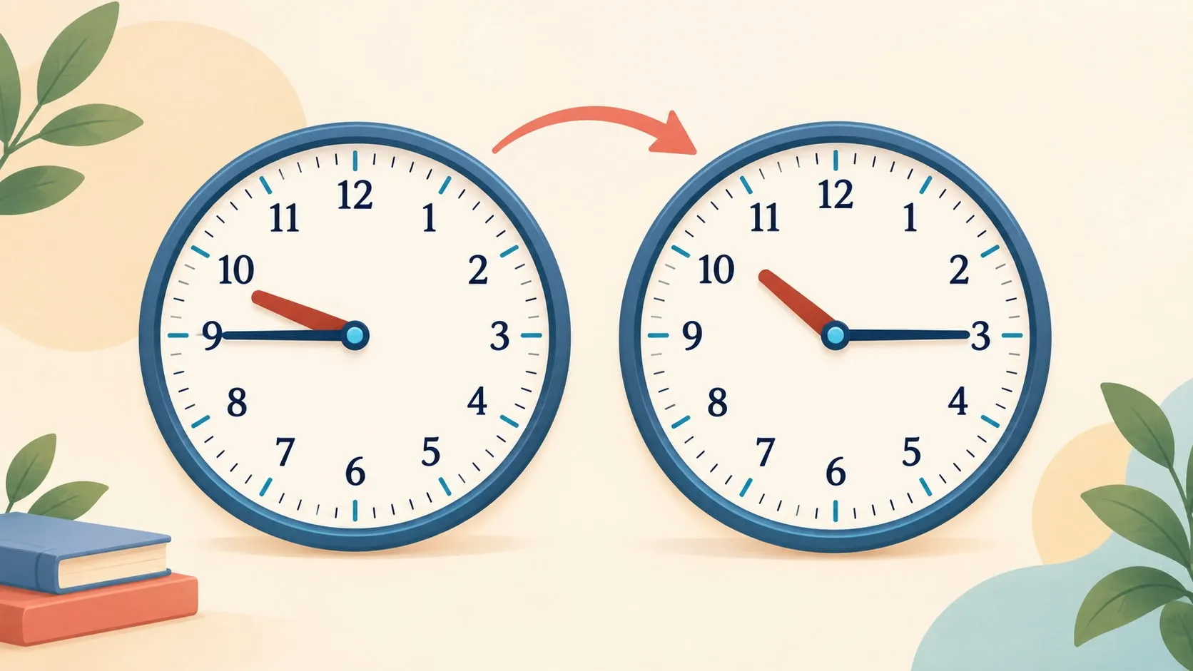 Deux horloges à aiguilles illustrées indiquent 9 h 45 puis 10 h 15, reliées par une flèche vers l'avant