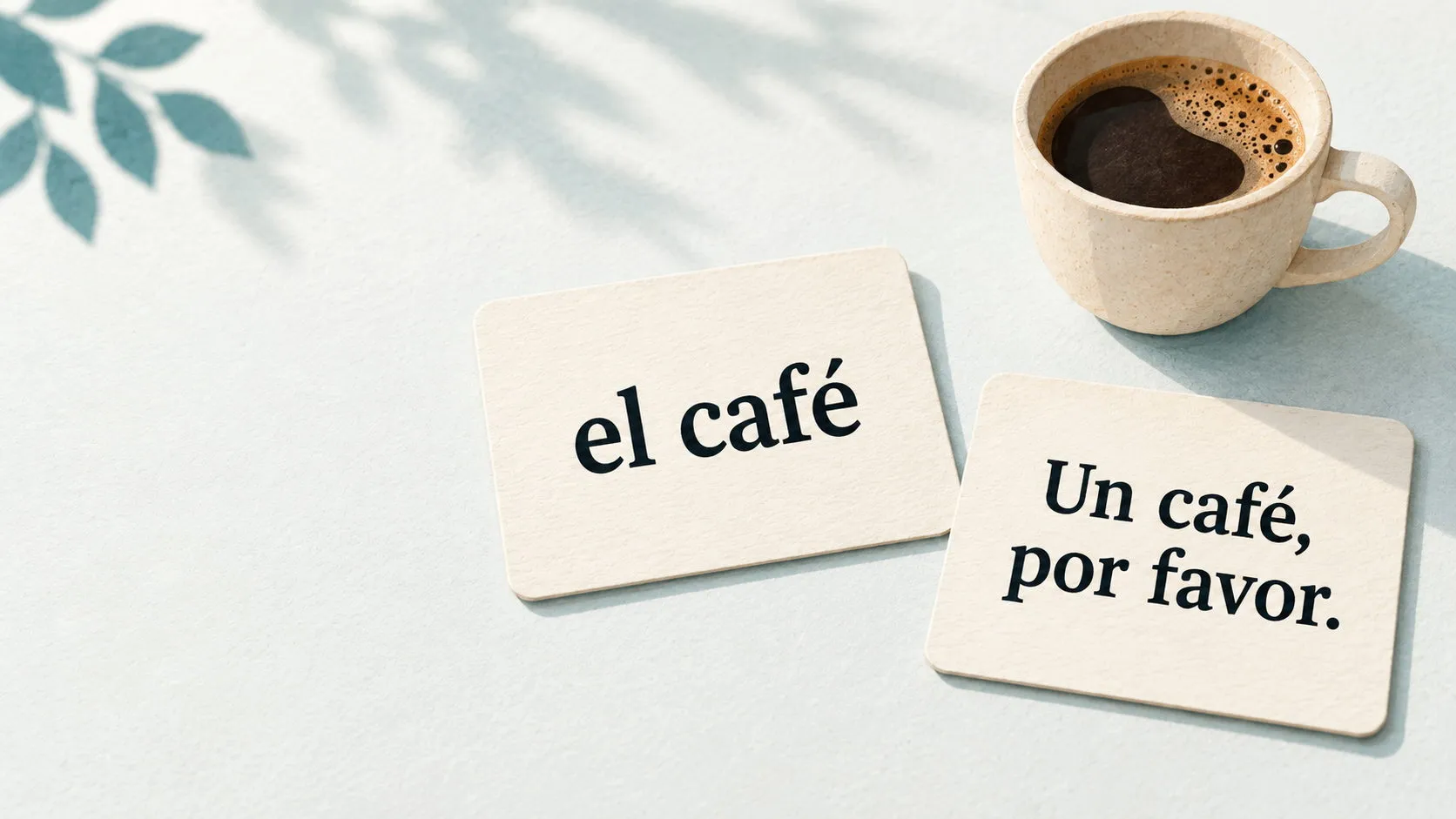 Zwei illustrative Lernkarten mit den spanischen Aufschriften „el café“ und „Un café, por favor.“ neben einer Kaffeetasse