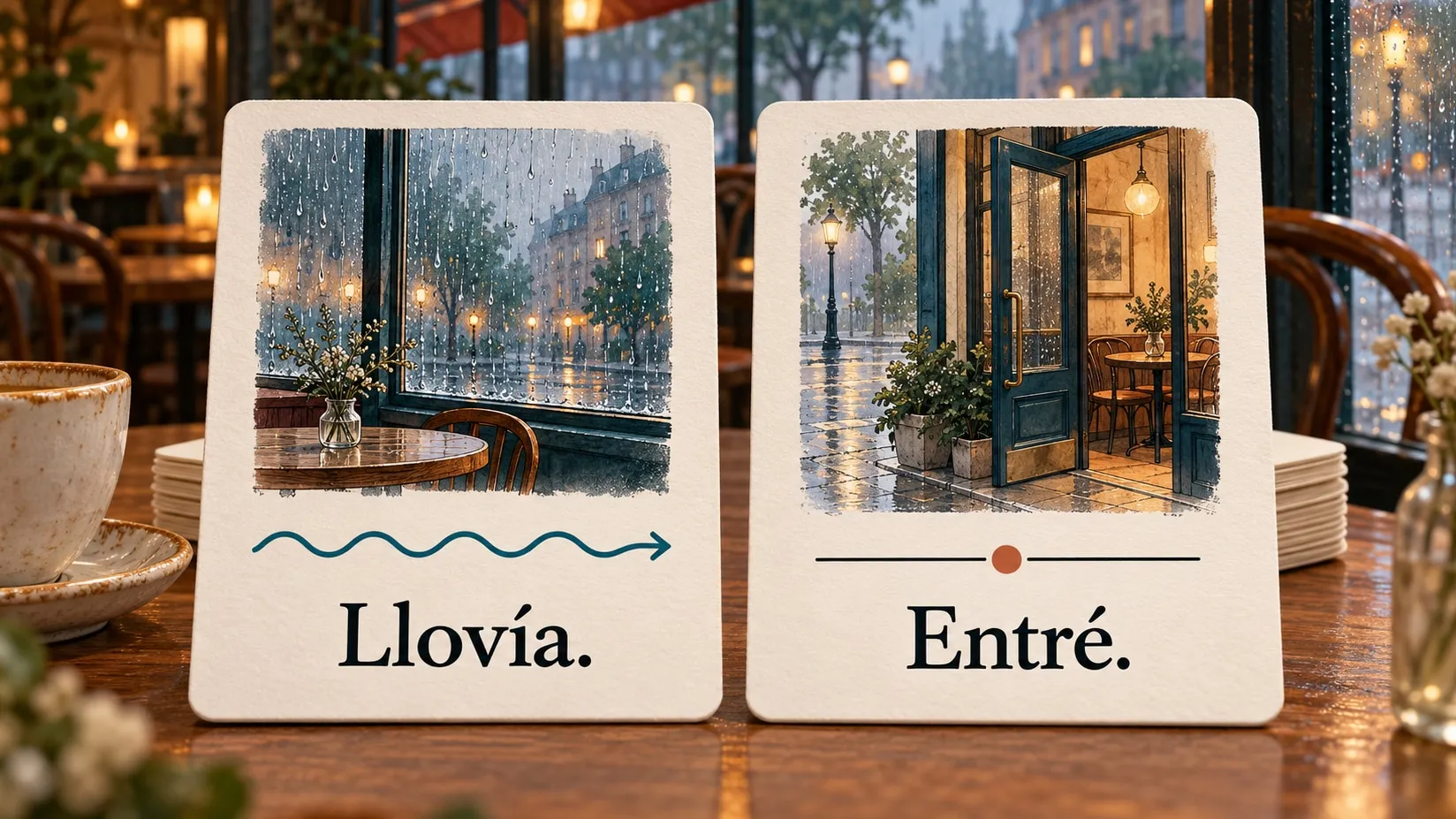 Illustration éditoriale : carte « Llovía. » avec fenêtre pluvieuse et ligne ondulée, et carte « Entré. » avec porte de café ouverte et point d’événement.