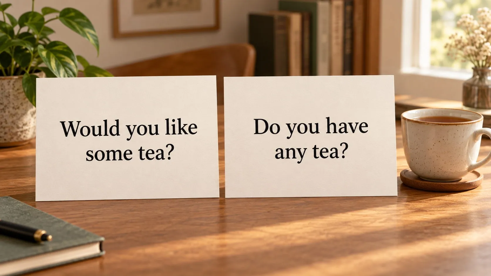 Dos tarjetas de estudio ilustrativas con las preguntas en inglés «Would you like some tea?» y «Do you have any tea?», junto a una taza de té.
