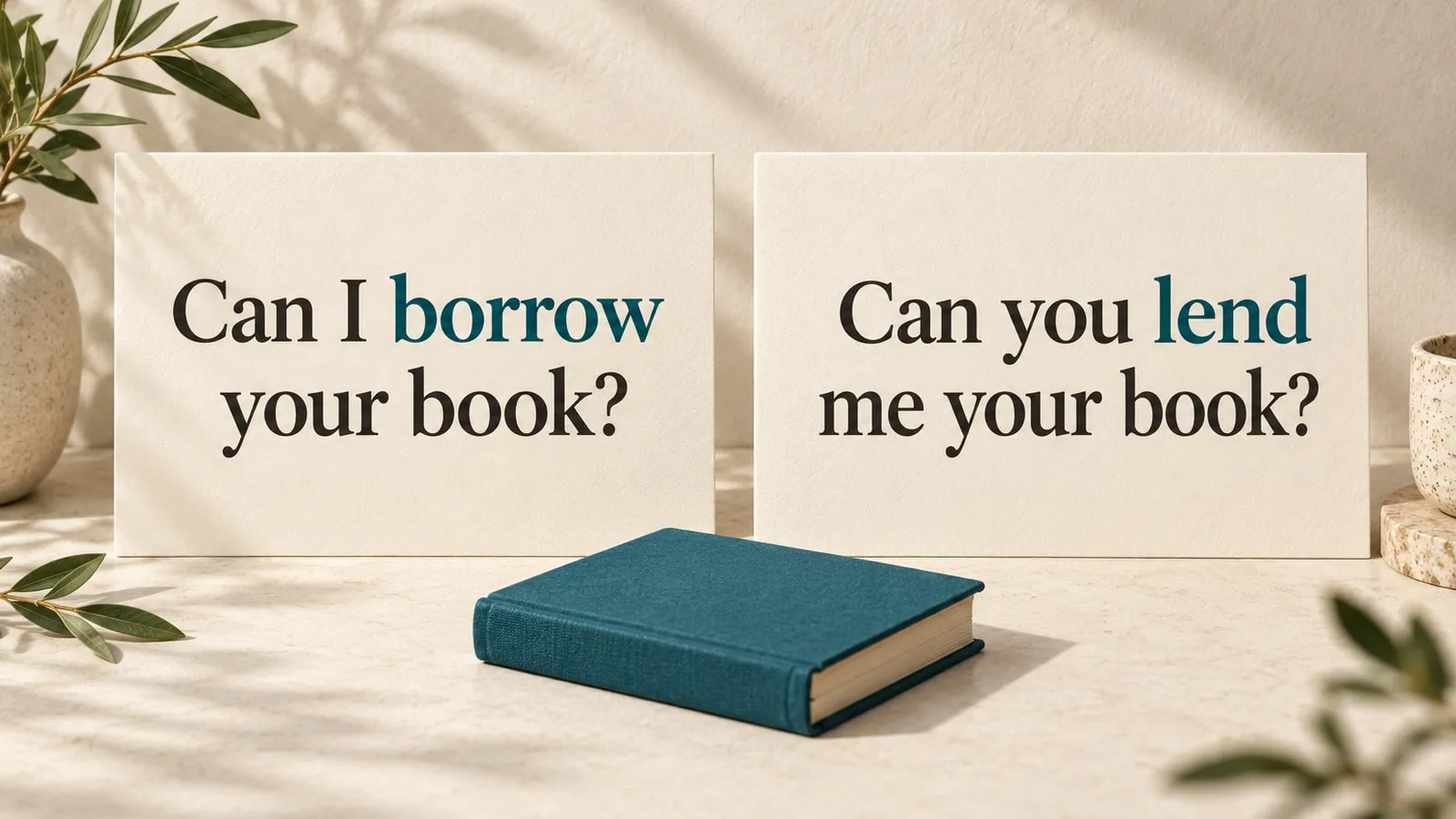 Zwei illustrative Lernkarten mit den englischen Fragen Can I borrow your book? und Can you lend me your book? hinter einem petrolfarbenen Buch