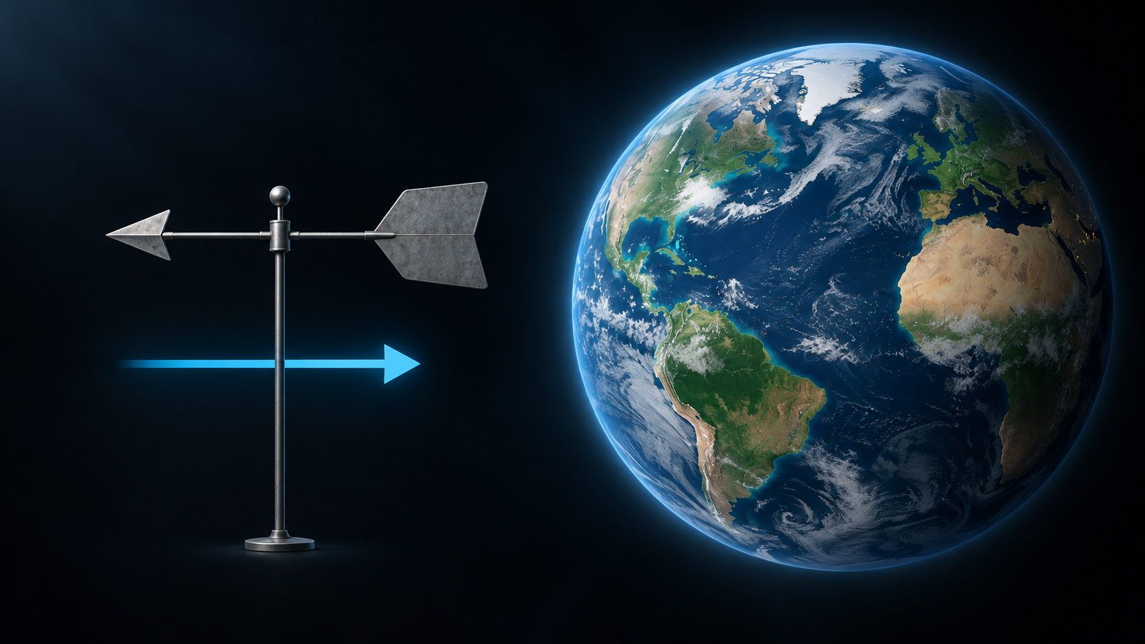 Illustration of an Atlantic-centered globe beside a right-pointing airflow arrow and a separate weather vane with its tip pointing left