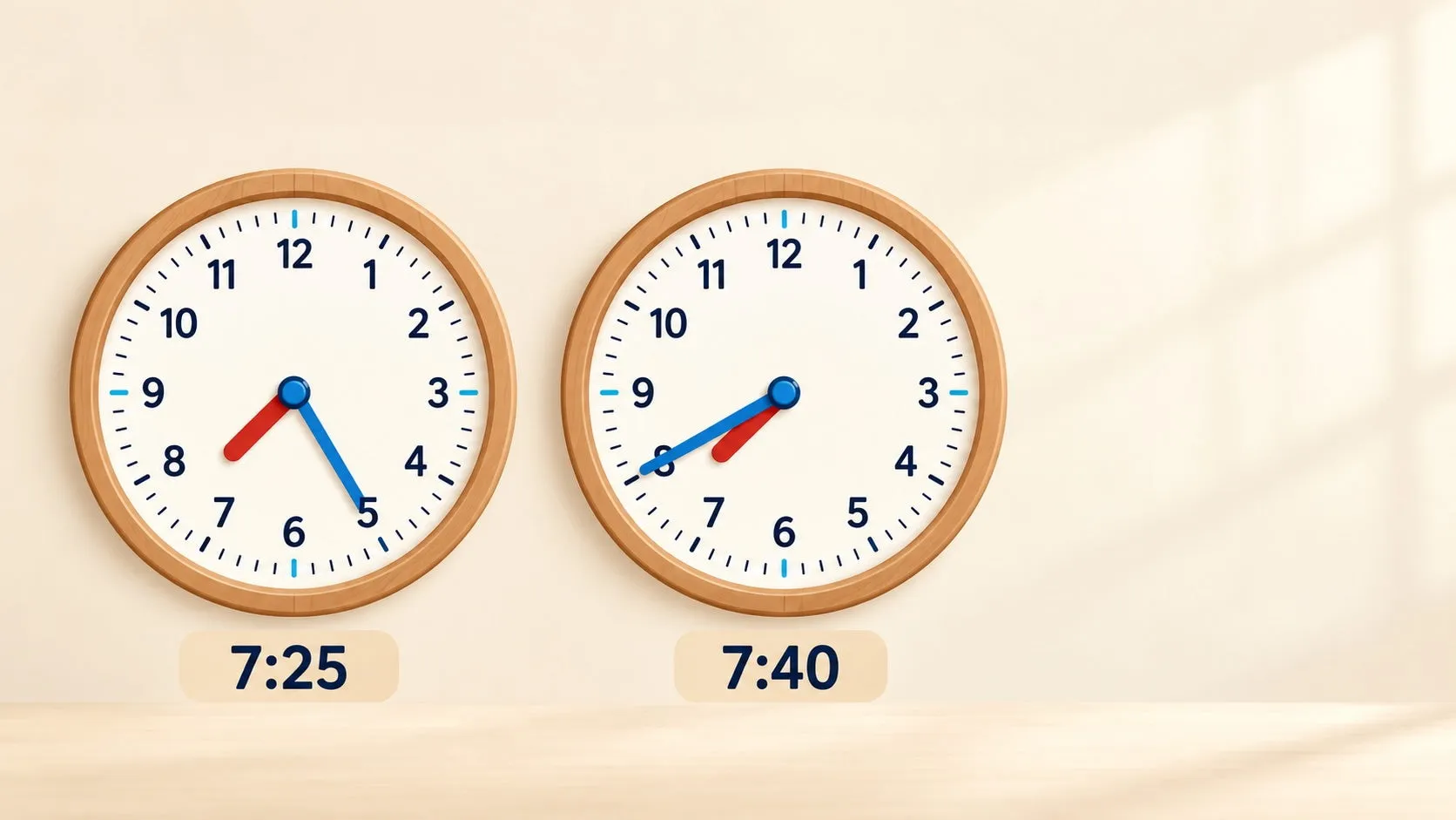Zwei illustrierte analoge Uhren: Minutenzeiger auf der 5 bei 7:25 und auf der 8 bei 7:40