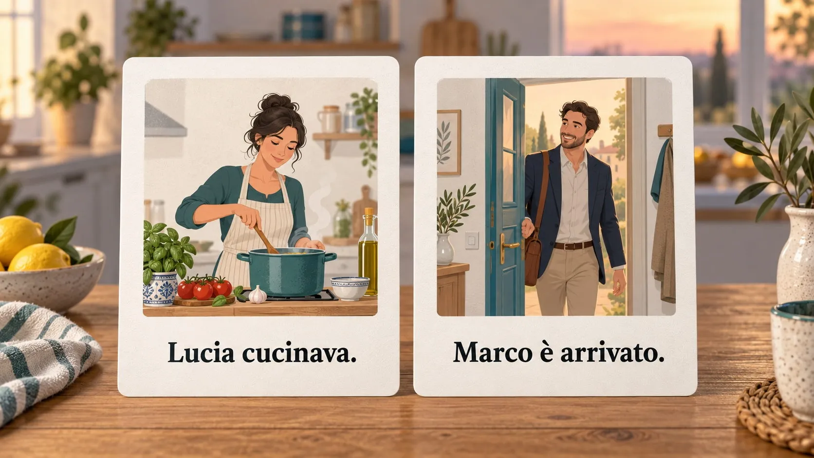 Zwei illustrative Lernkarten mit den italienischen Sätzen „Lucia cucinava.“ und „Marco è arrivato.“ vor einer ruhigen Küchen- und Ankunftsszene