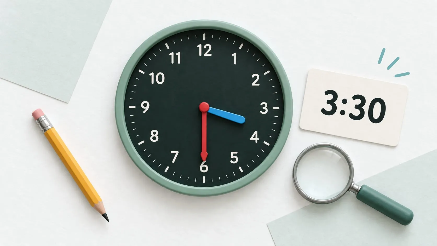 Illustrated practice clock showing 3:30, with a red minute hand on 6, a blue hour hand between 3 and 4, a card reading 3:30, a magnifying glass and a pencil