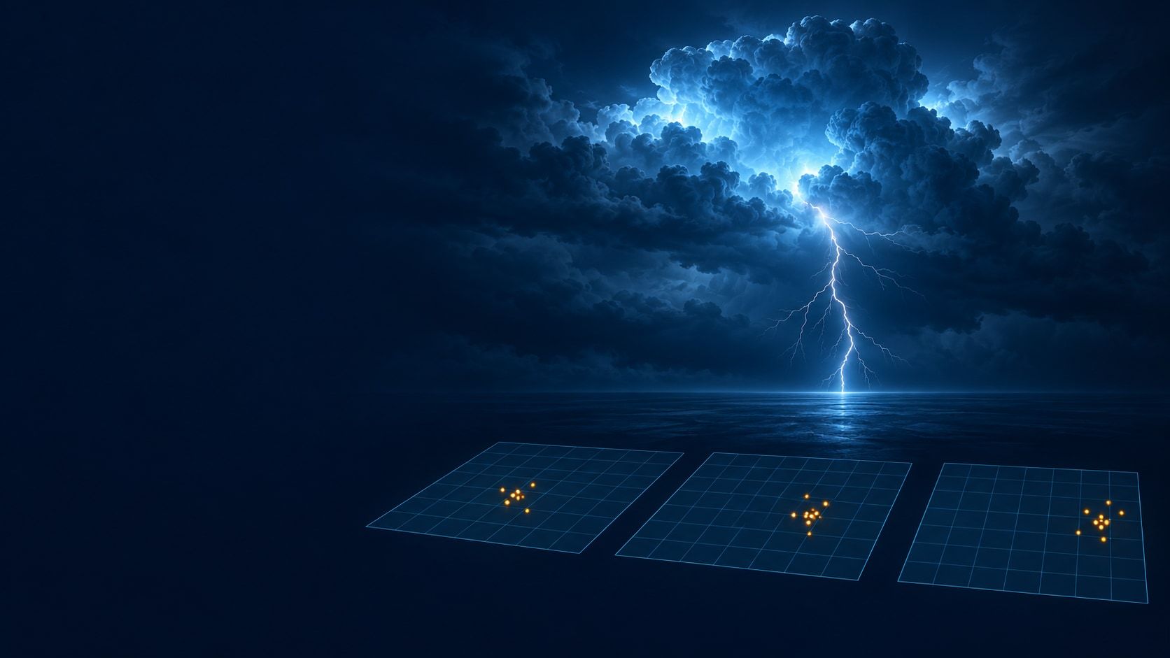Editorial illustration of a storm cloud and lightning above three schematic grid planes with offset clusters of orange dots