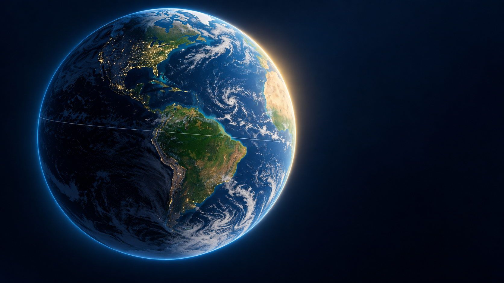 Illustrierte Erde mit Amerika zwischen Schatten und Sonnenlicht, einer feinen Linie auf dem Globus und dunklem Hintergrund rechts