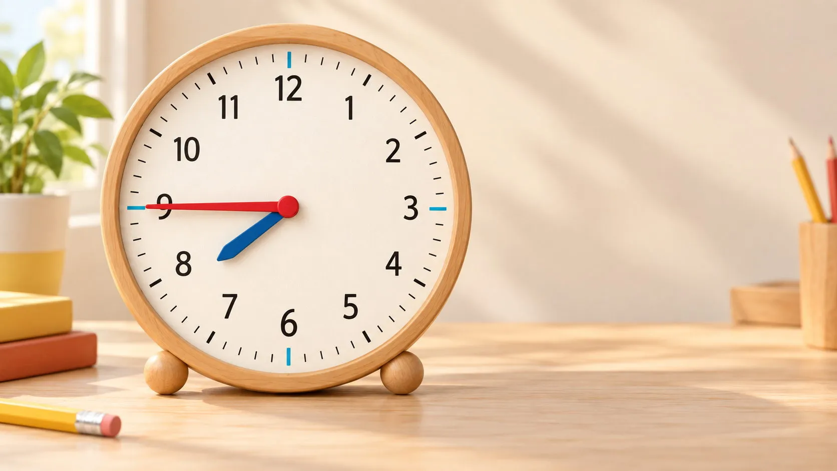 Orologio analogico illustrato che segna le 7:45, lancetta rossa dei minuti sul 9 e lancetta blu delle ore tra il 7 e l'8