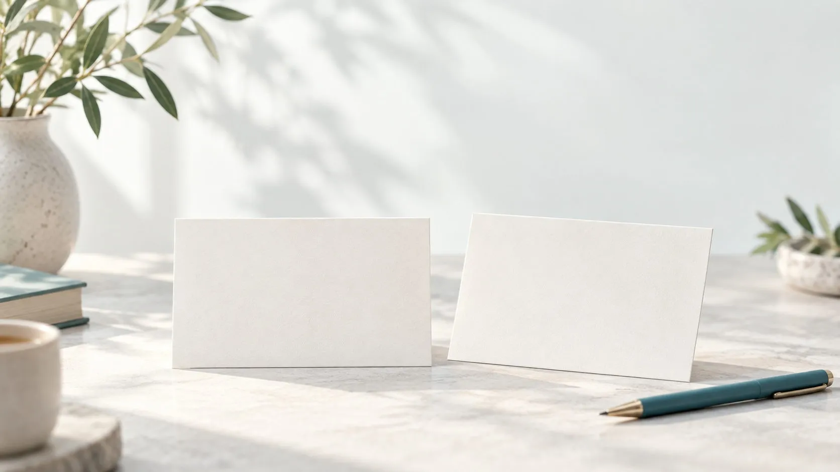 Deux cartes d'étude vierges sur un bureau clair, près d'un stylo bleu-vert et de plantes
