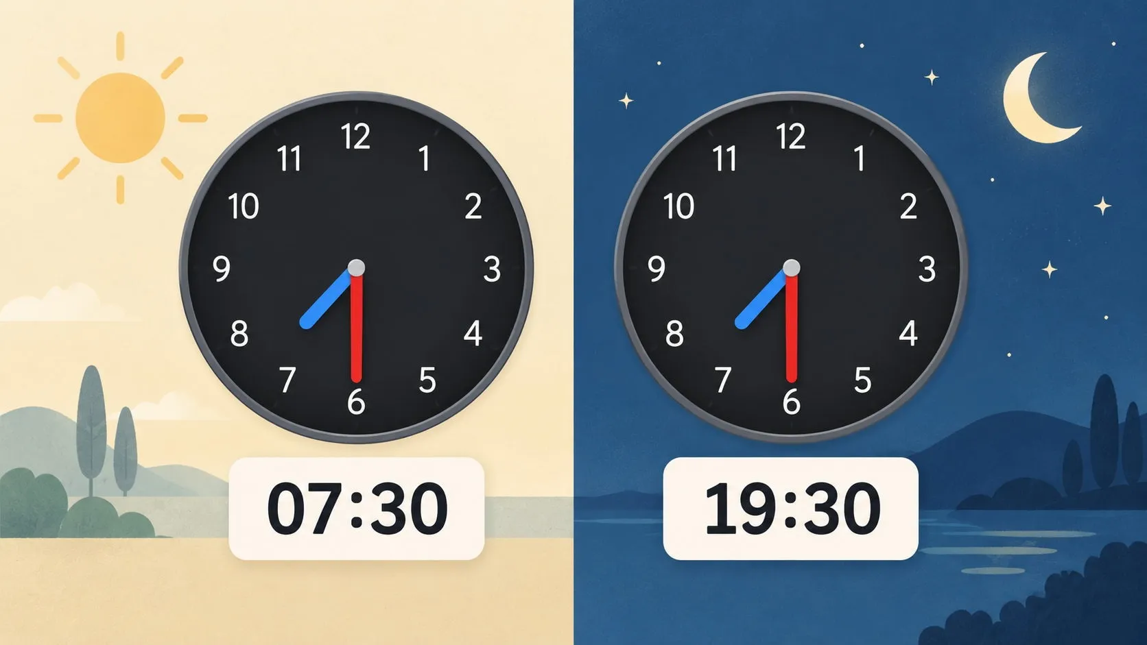 Two illustrated clocks with identical hands at 7:30, the numbers 07:30 and 19:30, and morning and evening symbols