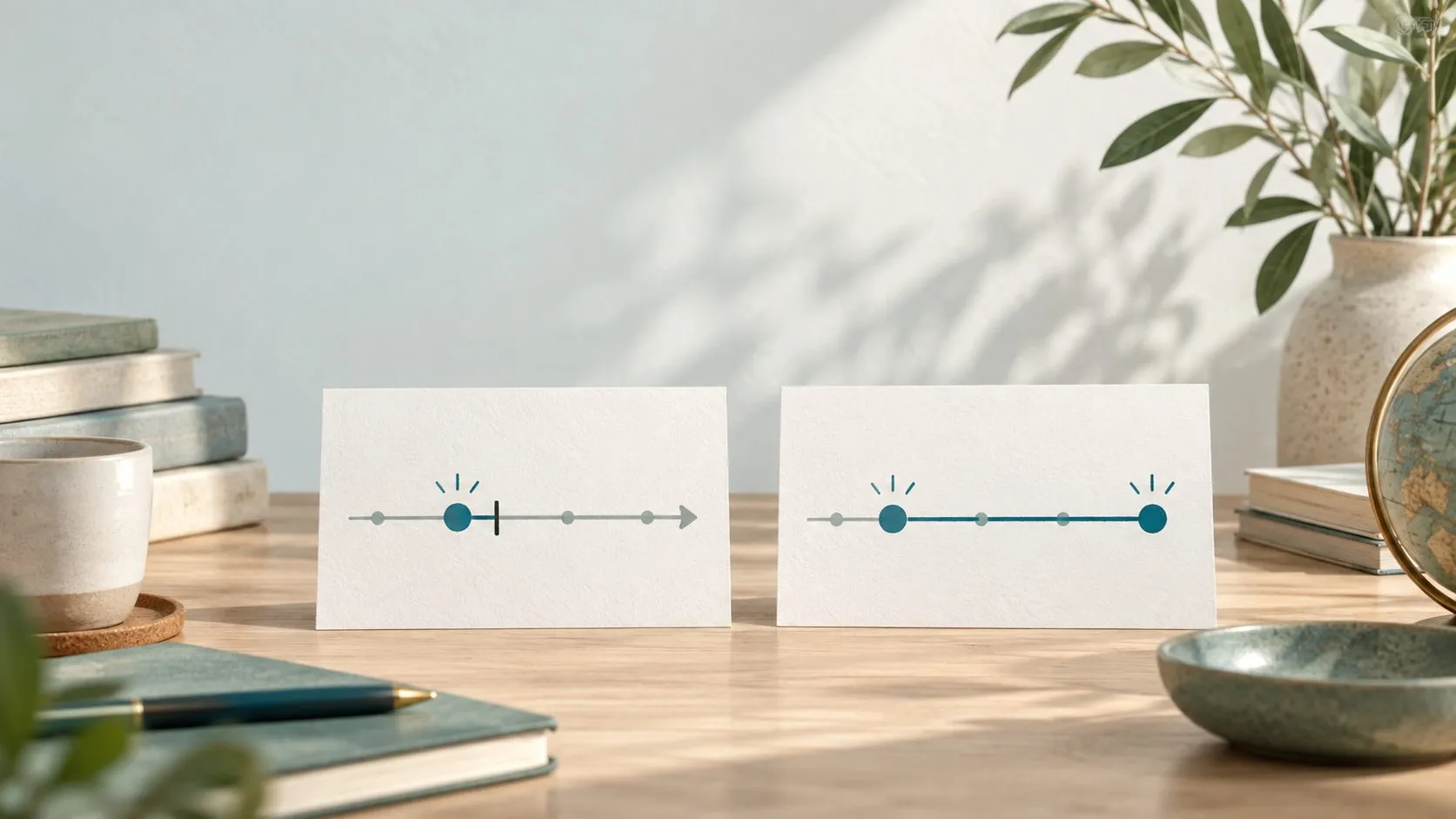 Two paper study cards on a desk: a timeline with a stopping mark on the left and a line reaching a highlighted endpoint on the right