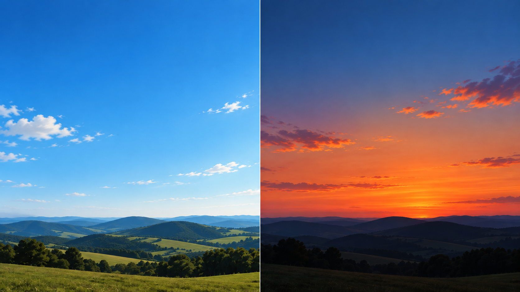 Illustrated comparison of the same hills under a blue daytime sky on the left and an orange-red evening sky on the right