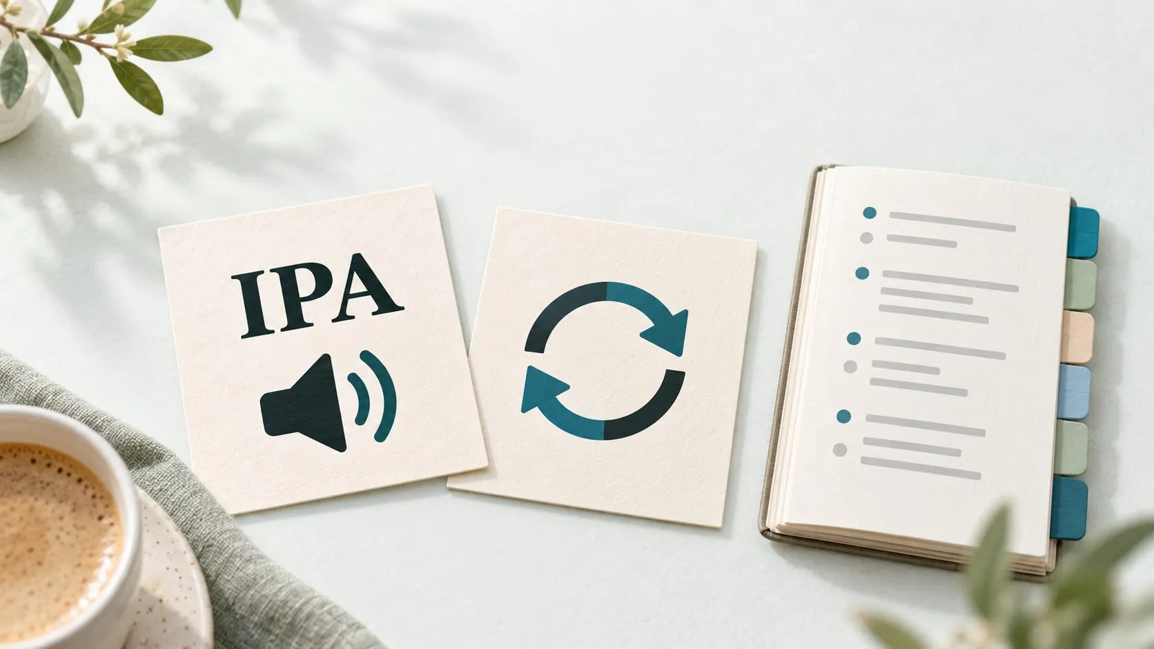 Tarjetas ilustrativas con IPA, un símbolo de altavoz y flechas de repaso junto a un índice temático abierto con seis pestañas