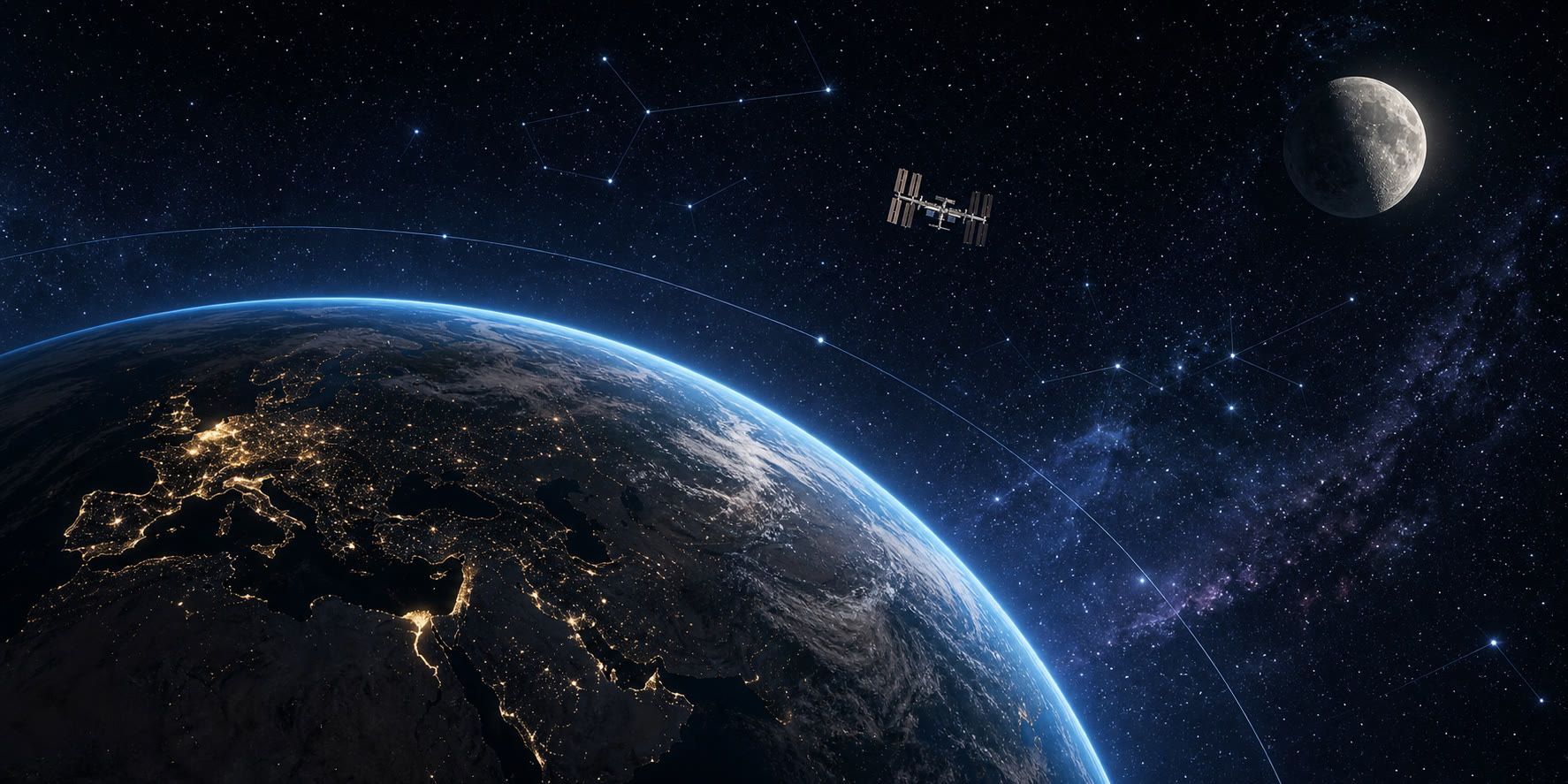 A glowing 3D globe under a starry sky with the Moon and a space station in orbit