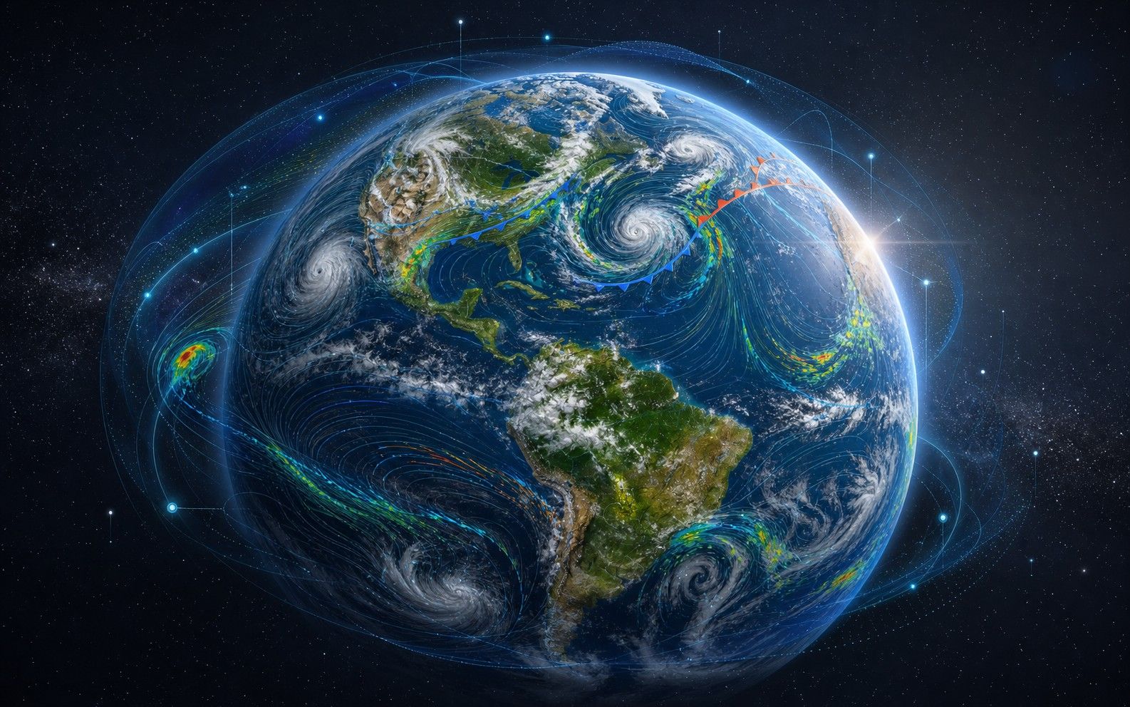 Un globo 3D luminoso con nuvole, correnti di vento e zone meteo per rappresentare le previsioni globali