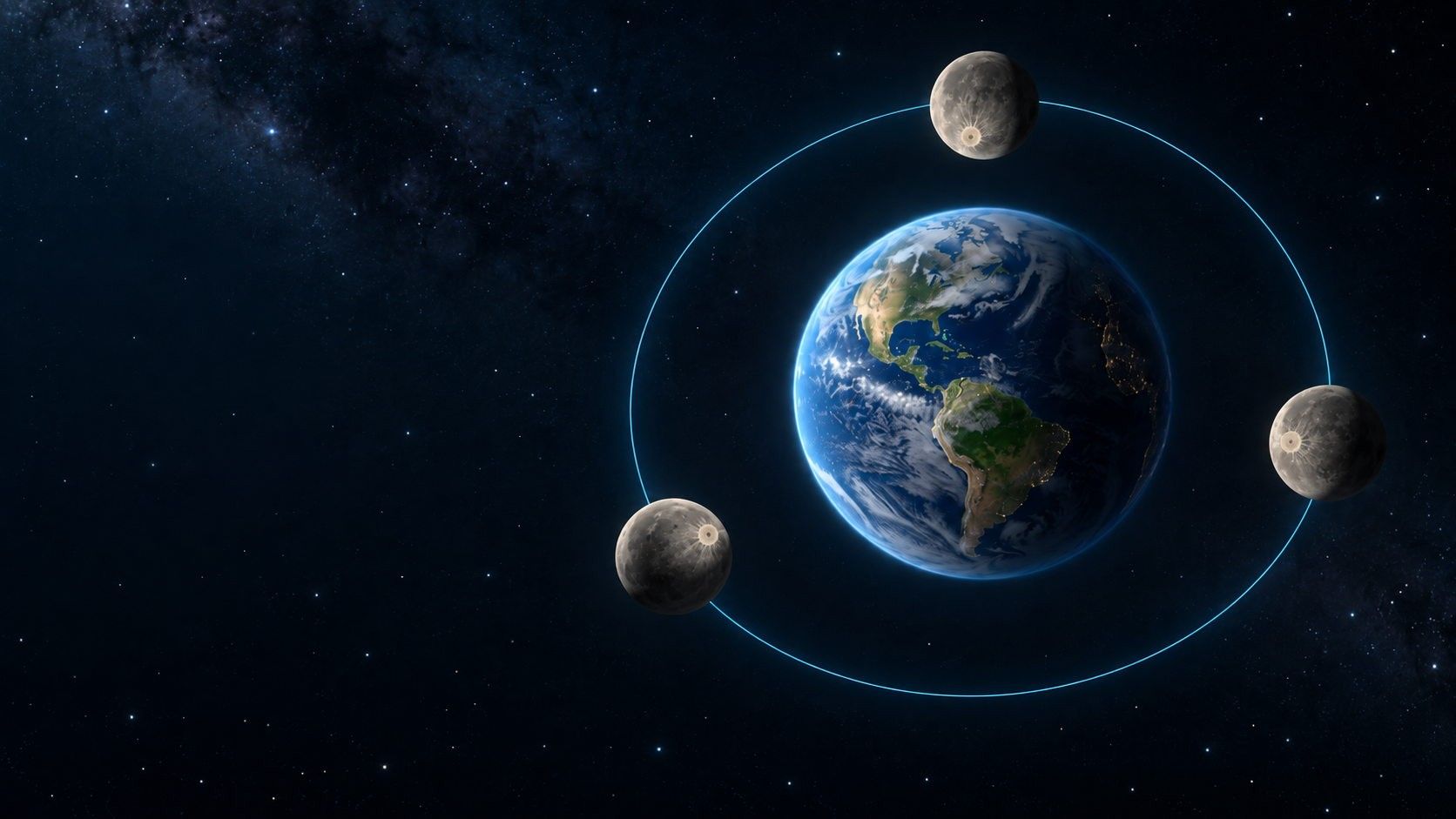 Illustration de la Terre et de trois positions de la Lune, avec le même cratère clair tourné vers la Terre à chaque position