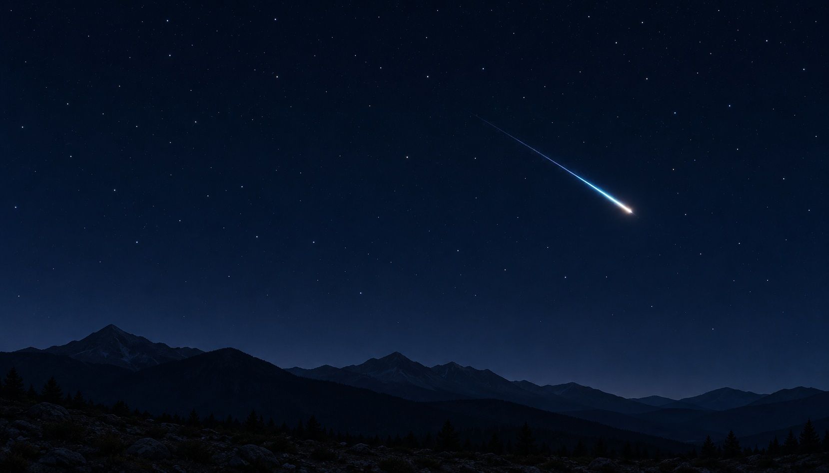 Ilustração editorial de um único rasto de meteoro branco e ciano sobre montanhas escuras sob um céu estrelado