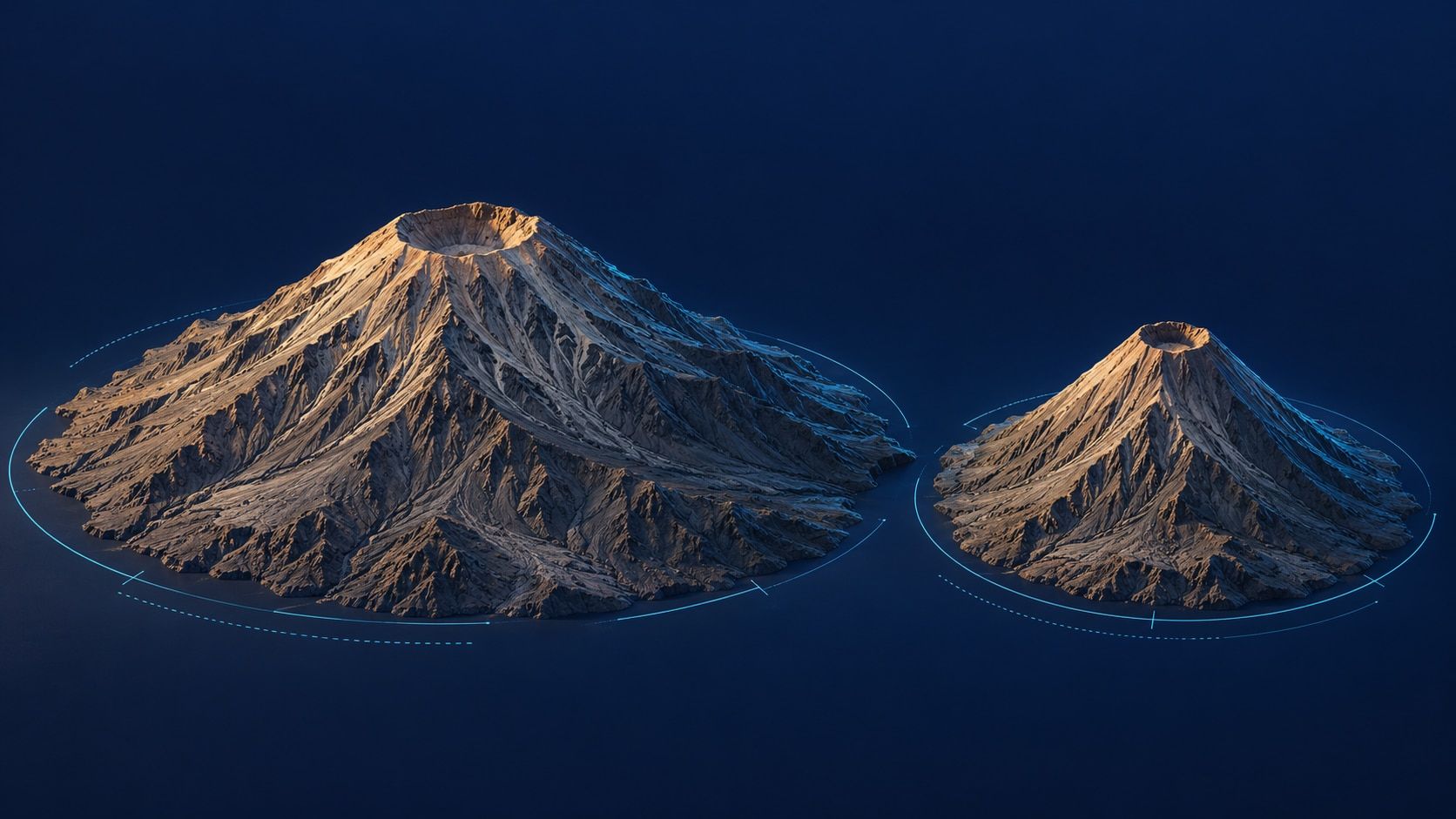 Two schematic volcanic models with summit craters and fine blue observation rings on a dark background; not to-scale topography or a current eruption.